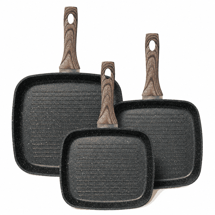 Premium Nonstick Square Aluminum Frying Pan Set with Heat-Resistant Wooden Handles