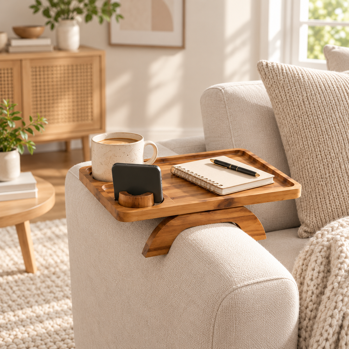 Sofa Armrest Tray with Cup Holder & Phone Stand – 3-in-1 Clip-On Acacia Wood Side Table