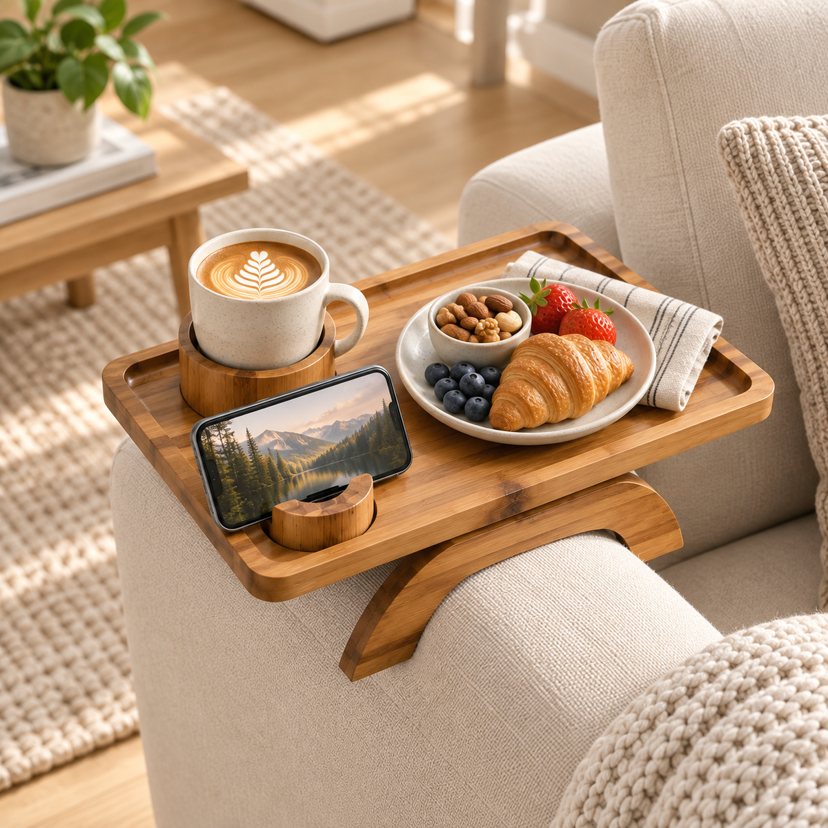 Sofa Armrest Tray with Cup Holder & Phone Stand – 3-in-1 Clip-On Acacia Wood Side Table