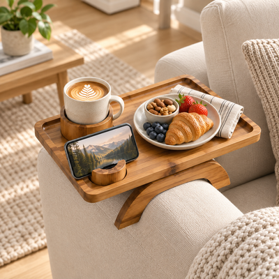 Sofa Armrest Tray with Cup Holder & Phone Stand – 3-in-1 Clip-On Acacia Wood Side Table