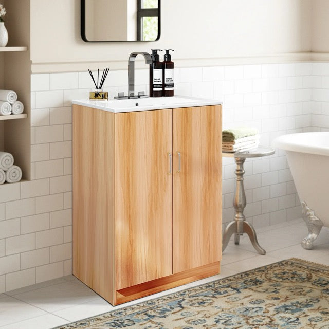 24-Inch Natural Wood Bathroom Vanity with Sink, Drawer & Double-Door Cabinet – Modern Farmhouse Style