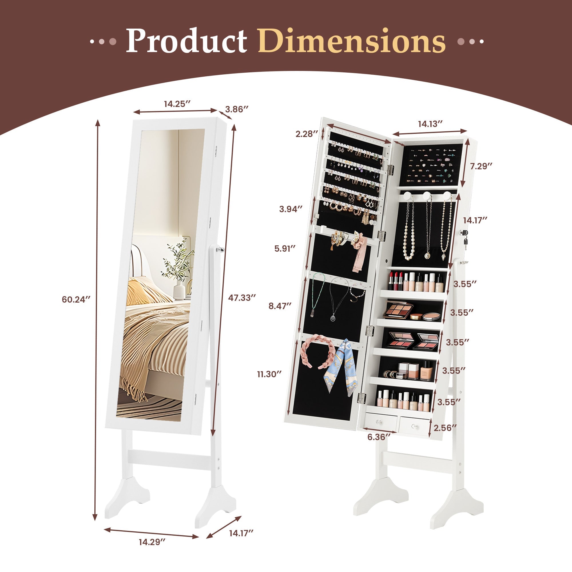 Freestanding Full Length Mirror Jewelry Cabinet
