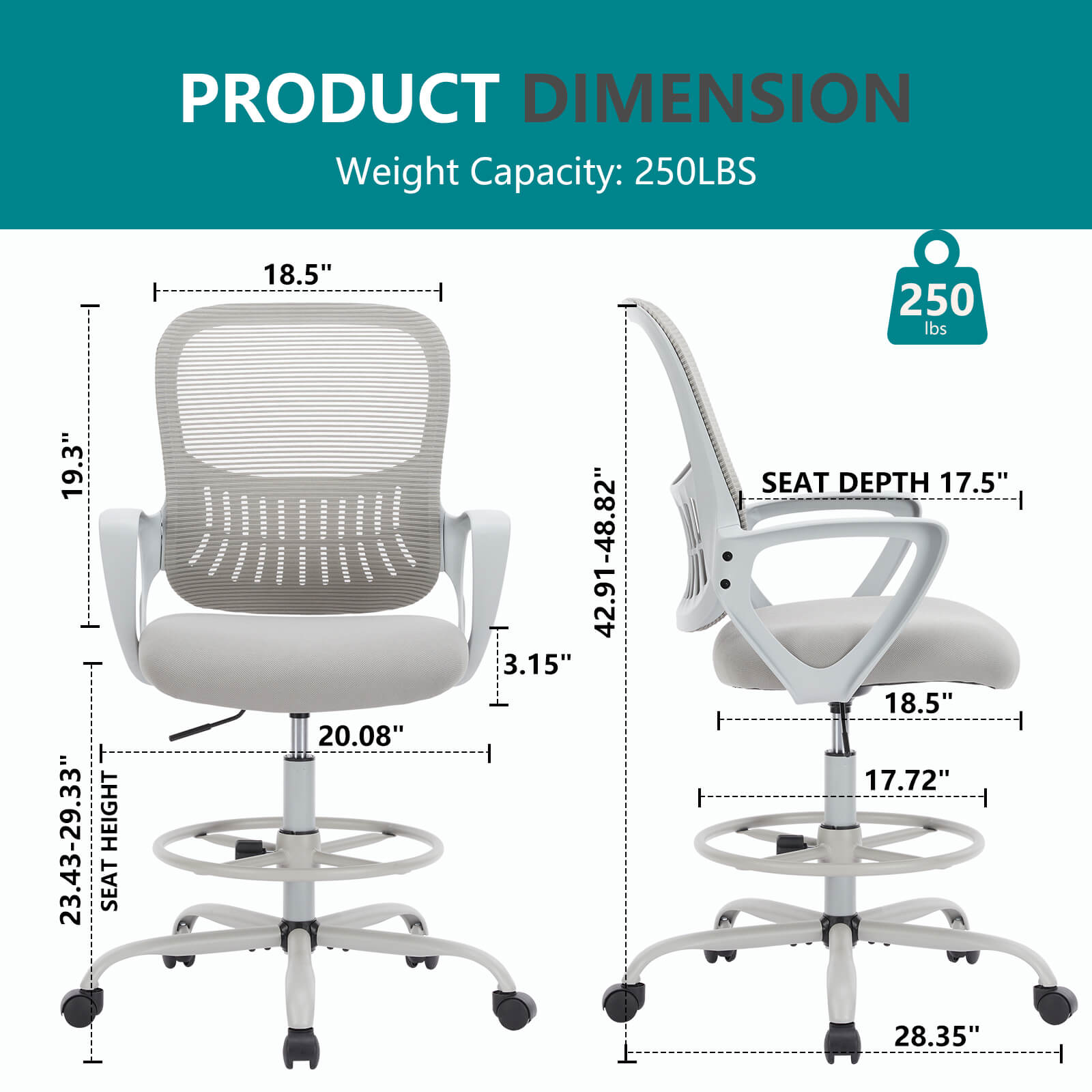 Ergonomic Tall Drafting Chair Height Adjustable