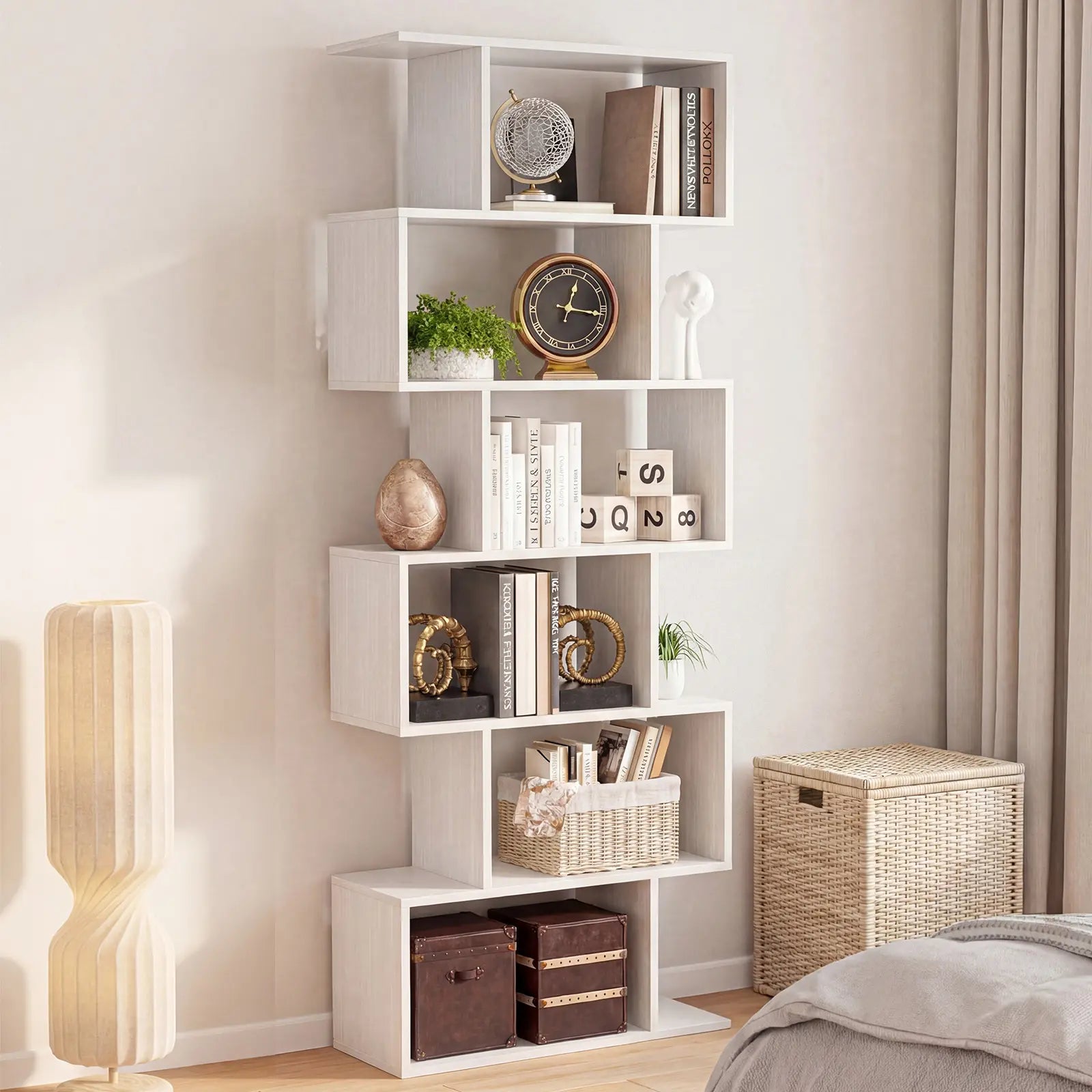5-Tier S-Shaped Bookshelf | Modern Geometric Freestanding Bookcase & Room Divider
