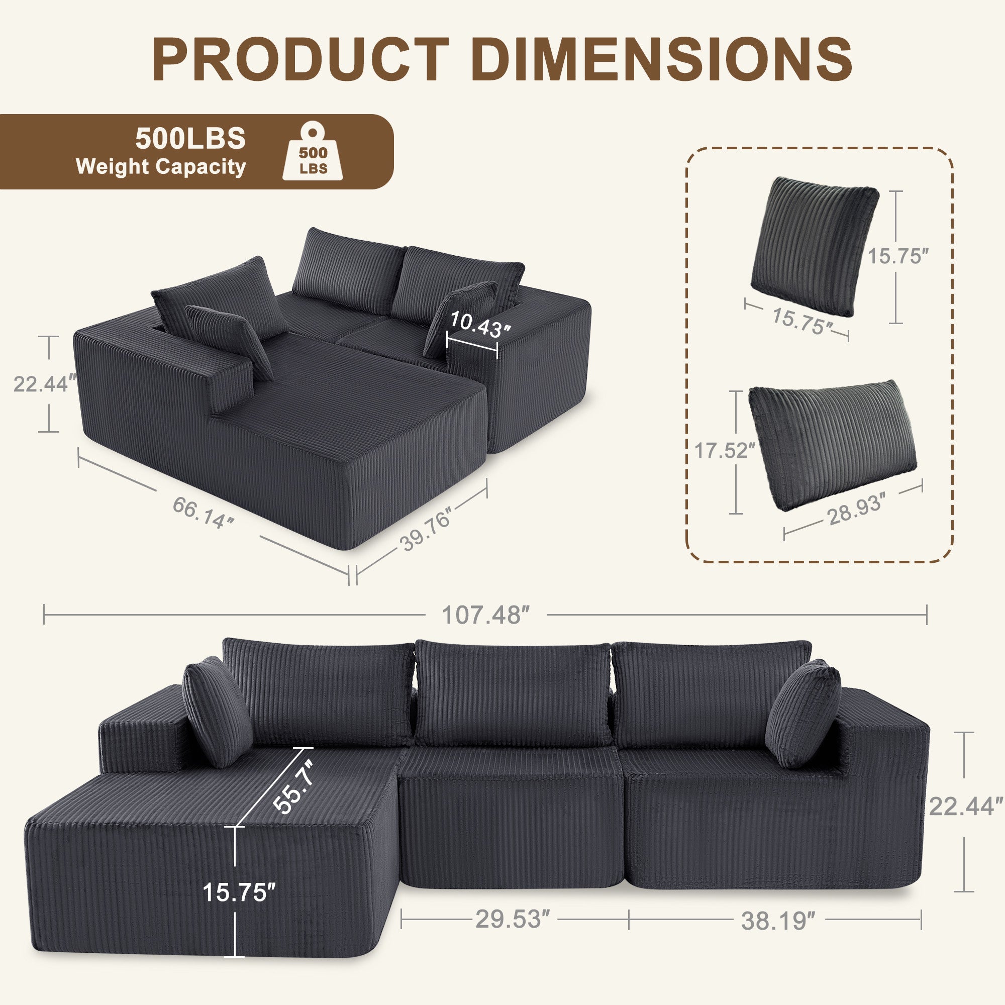 108" Modular Corduroy Sectional Sofa