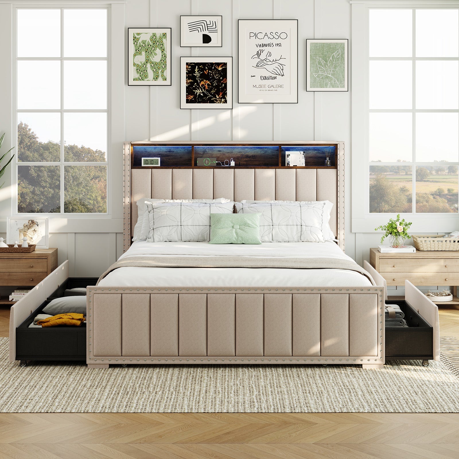 Upholstered Storage Bed Frame with Power Outlets