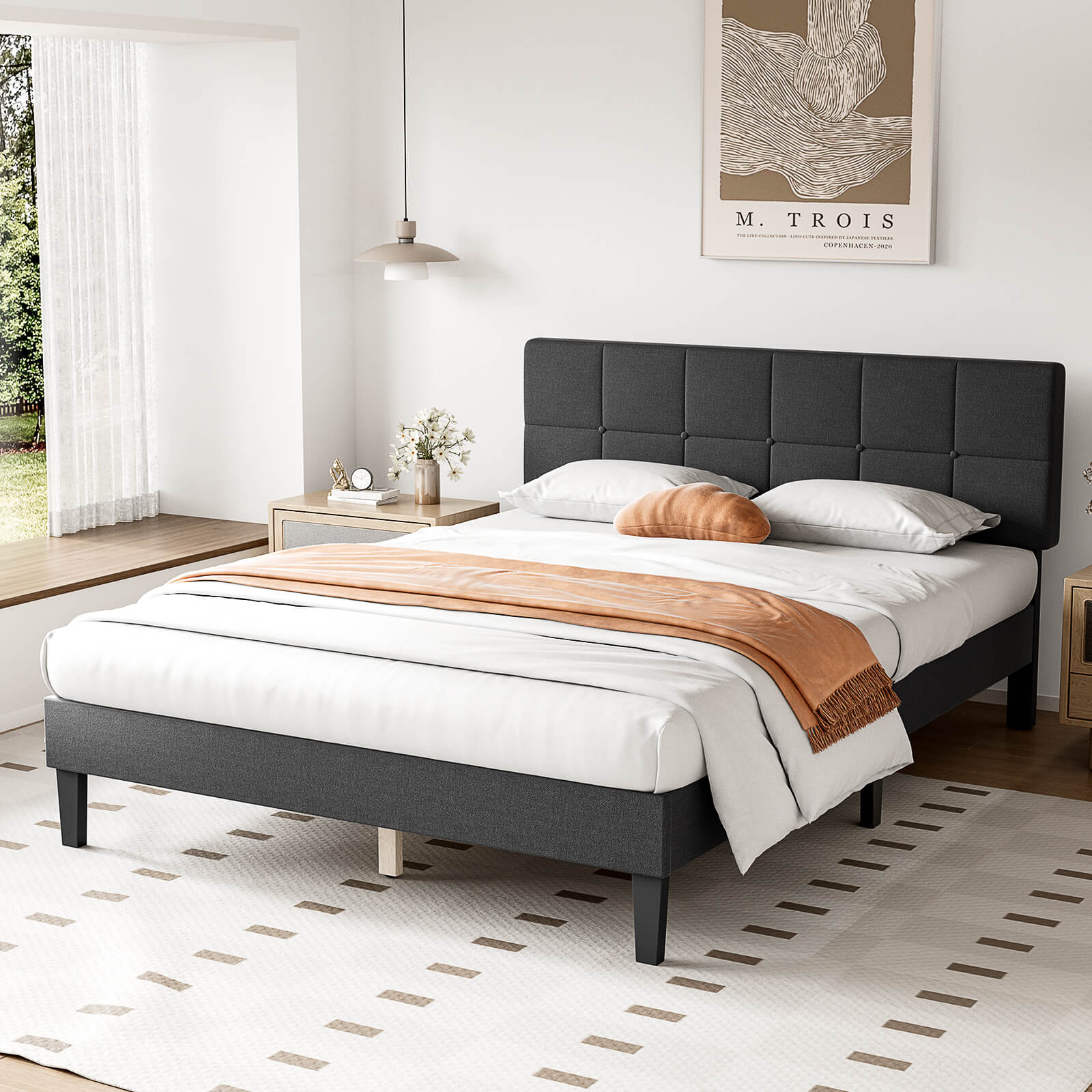 Upholstered Linen Bed Frame with Headboard