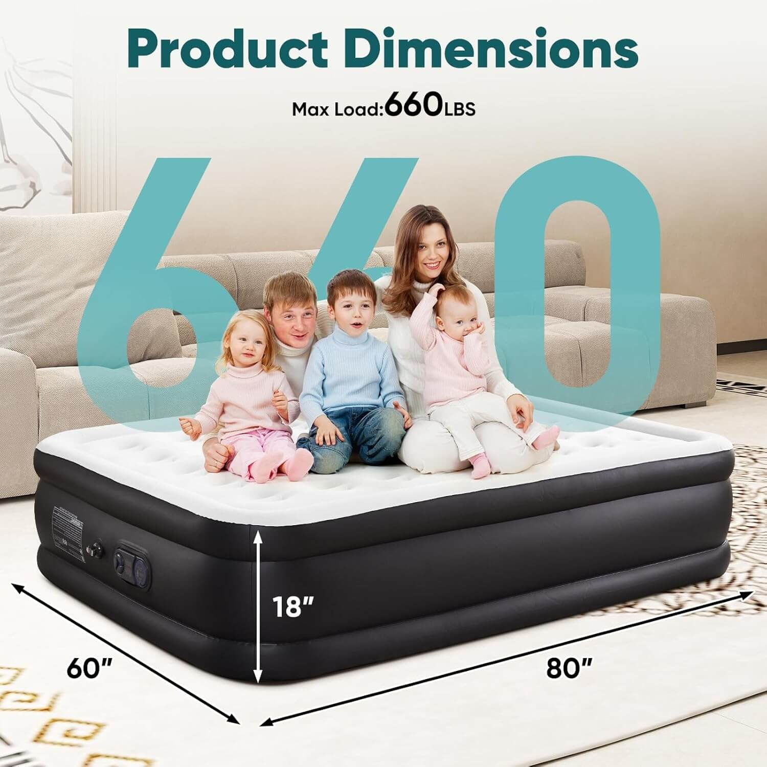 Warebay 16"～22" Queen Air Mattress with Pump, 660lb Capacity Inflatable Blow Up Bed for Home Guest