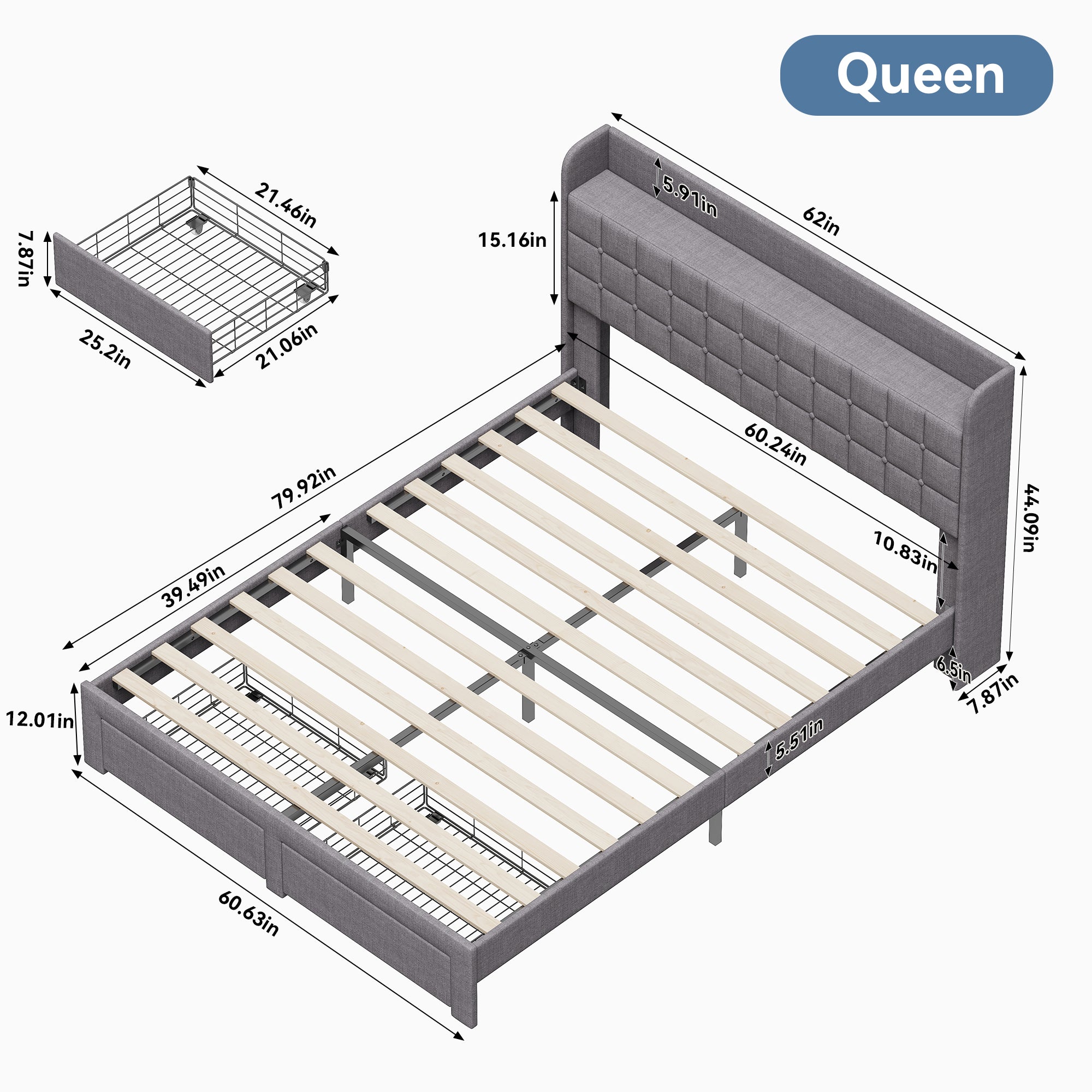 Upholstered Platform Bed Frame with Storage Drawers & Headboard, Full/Queen/King