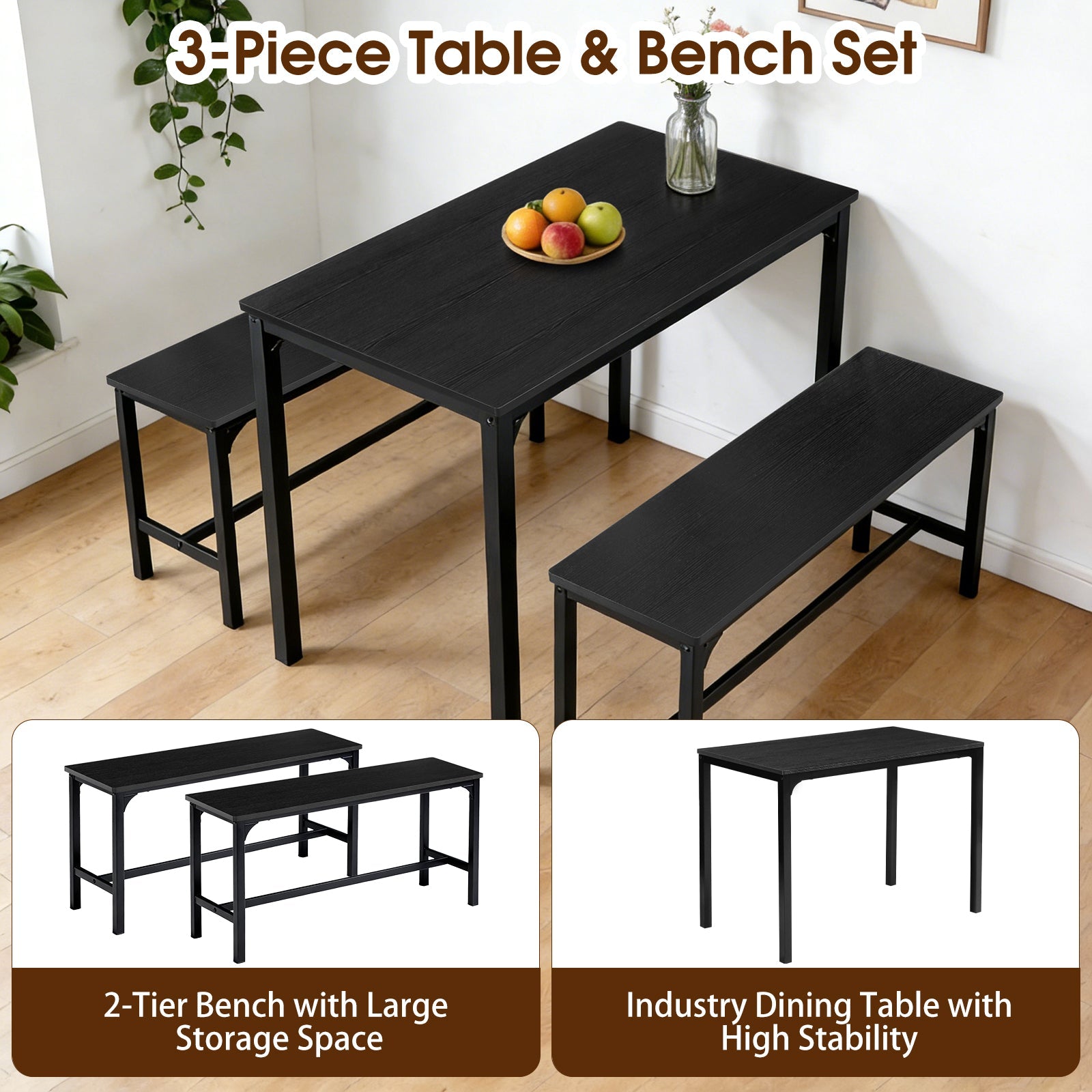 3/4-Piece Black Gray Dining Table Set