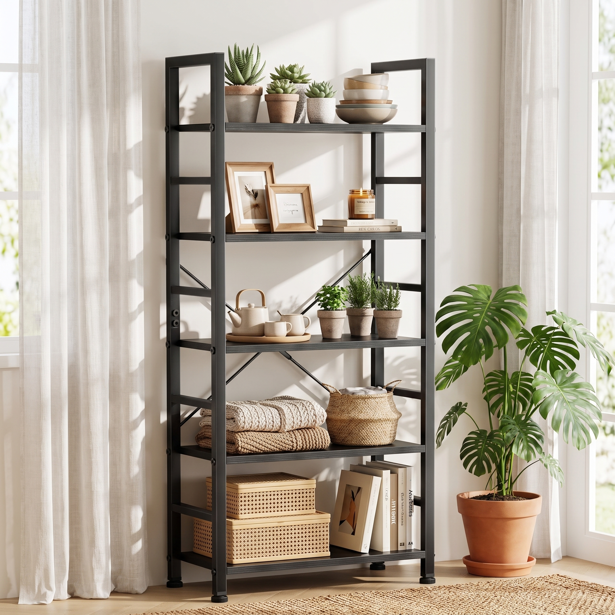 5-Tier Black Metal Bookcase