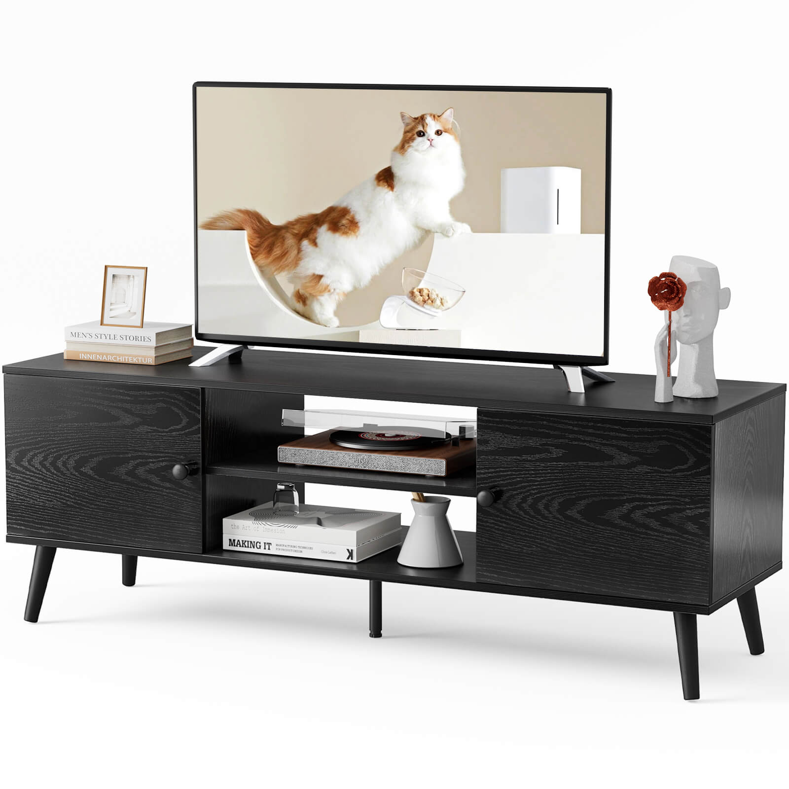 Walnut Wood 60" TV Stand Double Cabinet