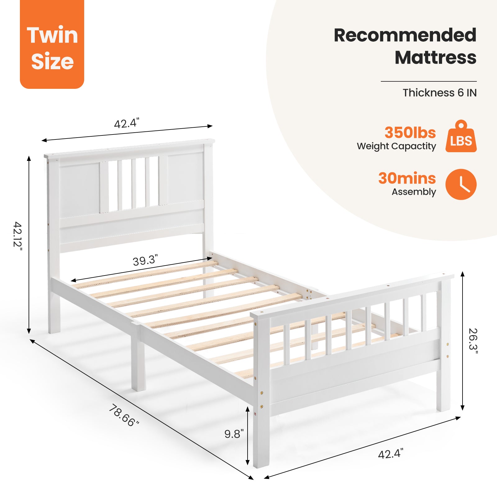 Classic White Solid Wood Twin Bed Frame