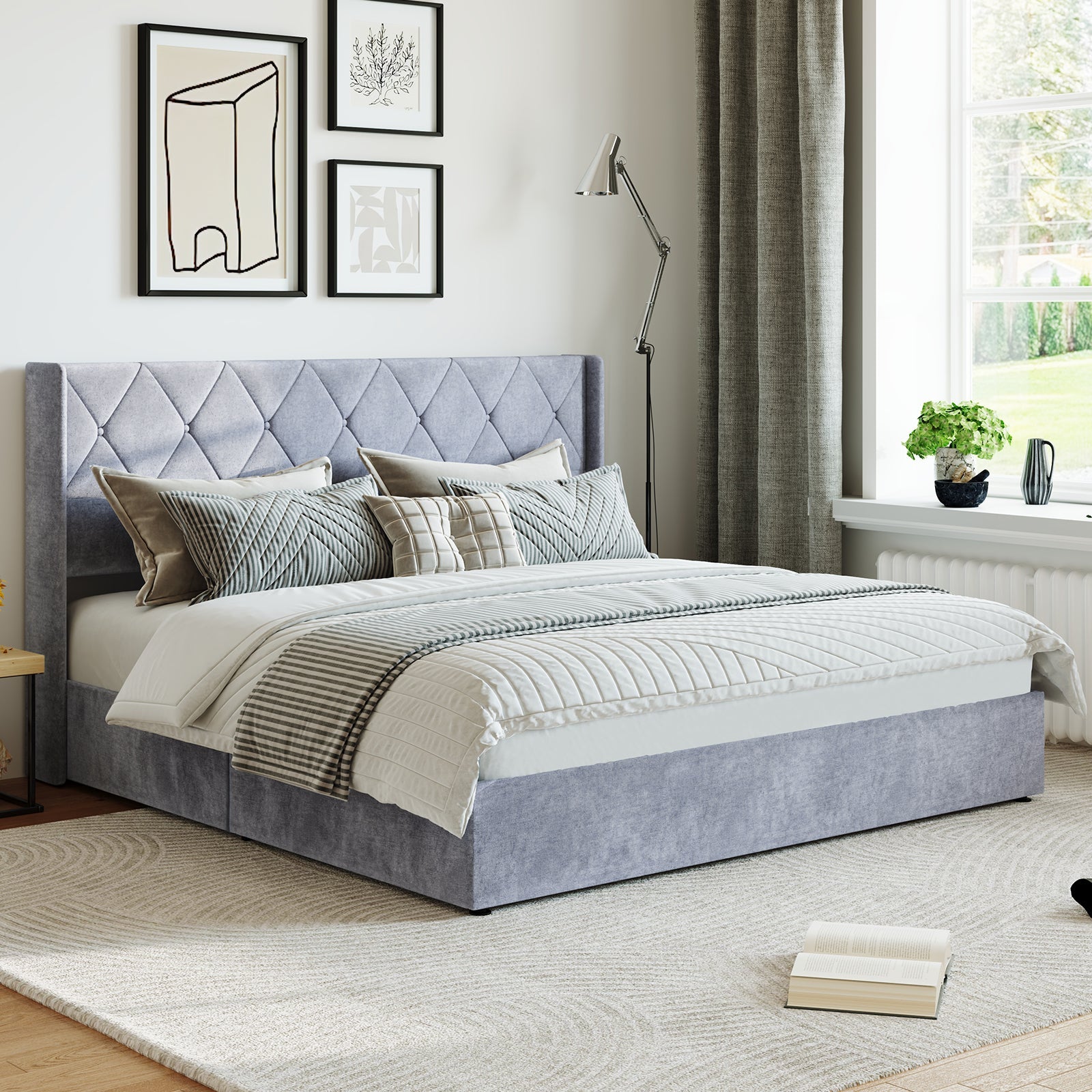 Velvet Gas-Lift Storage Bed Frame
