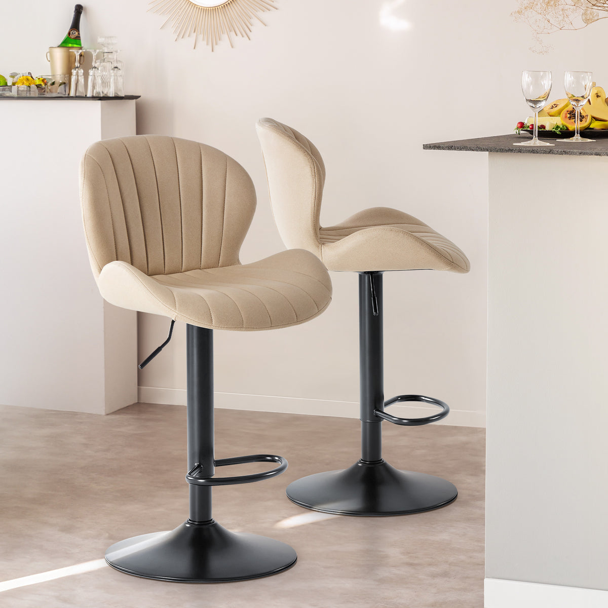 Modern Adjustable Swivel Bar Stools with Fabric Upholstery