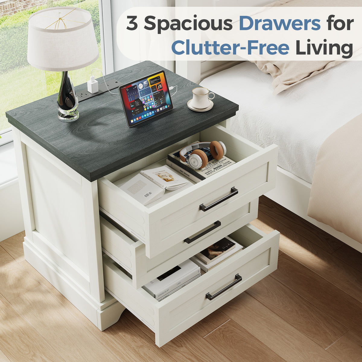 Farmhouse Nightstand with Charging Station & Drawers – Bedside Storage Cabinet | WareBay