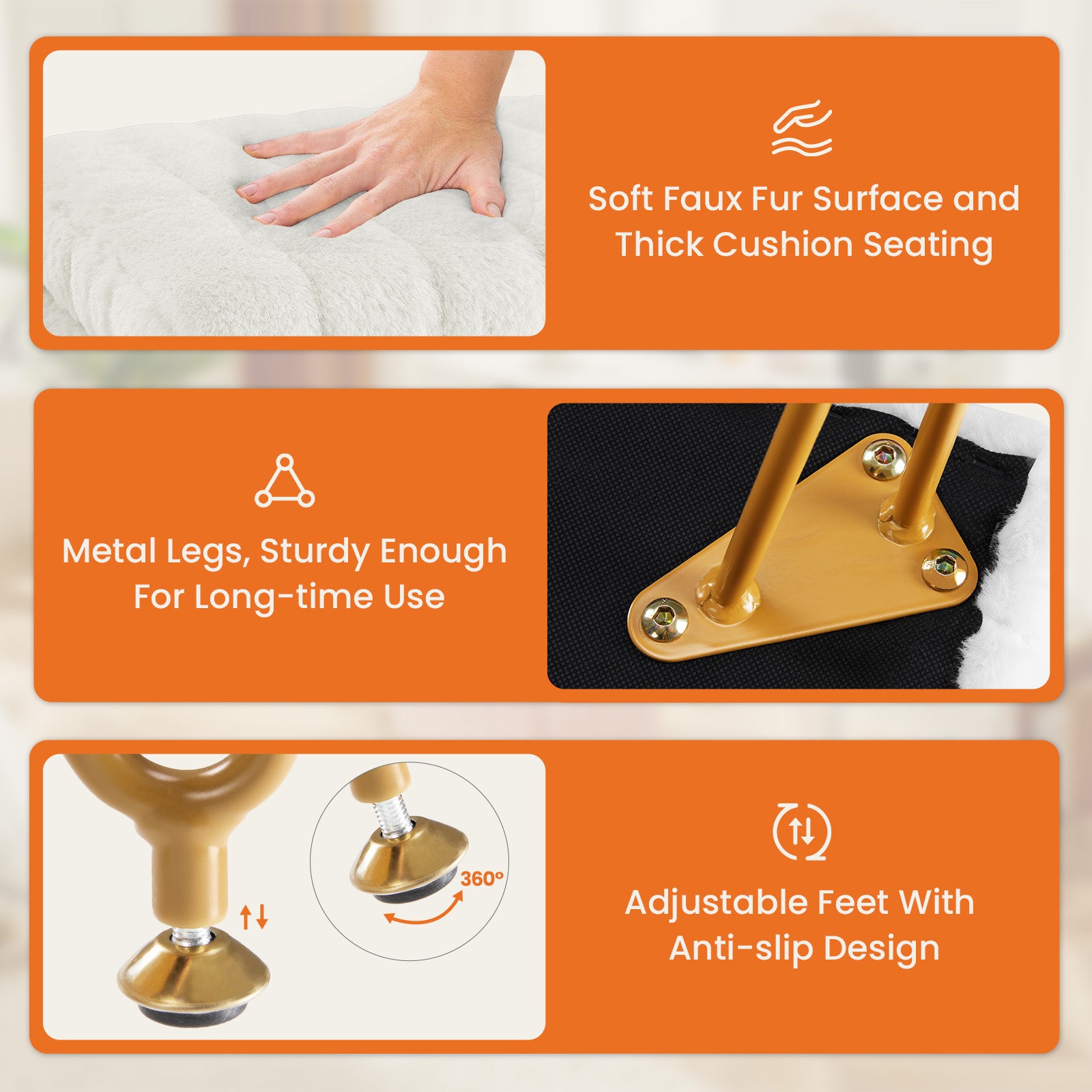 WareBay Vanity Stool with Hidden Storage & Faux Fur Cushion | Metal Legs