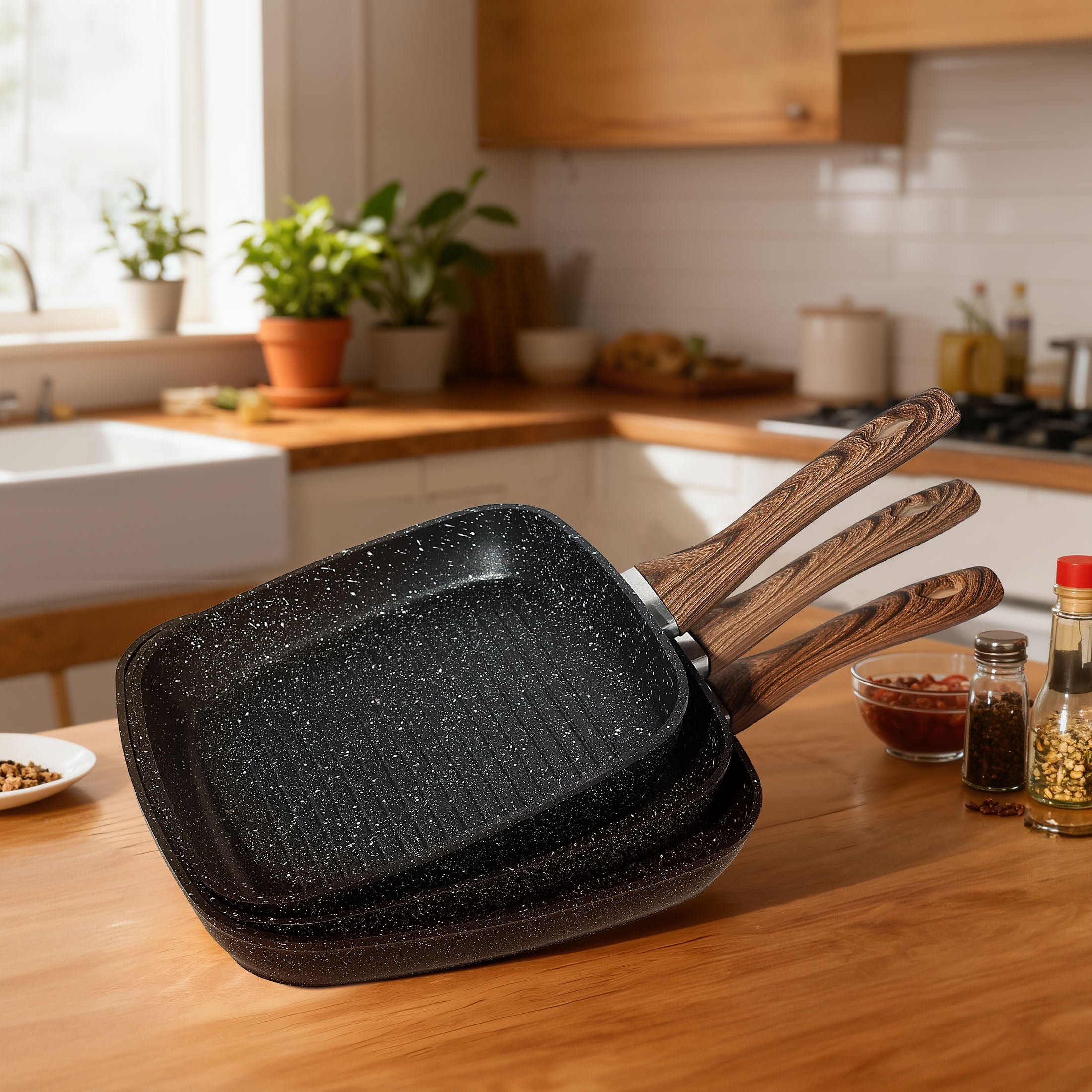 Square Nonstick Frying Pan Set Wooden Handle