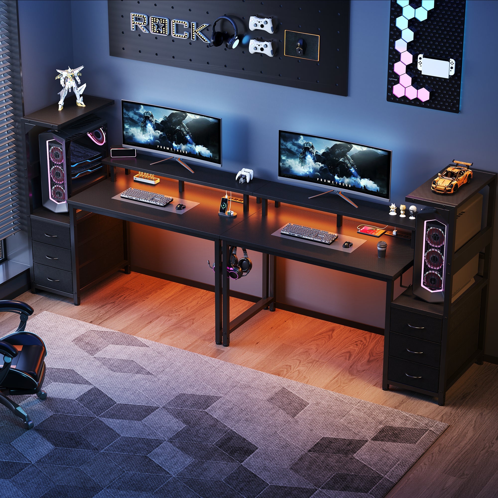 LED Computer Desk with Monitor Stand & Drawers