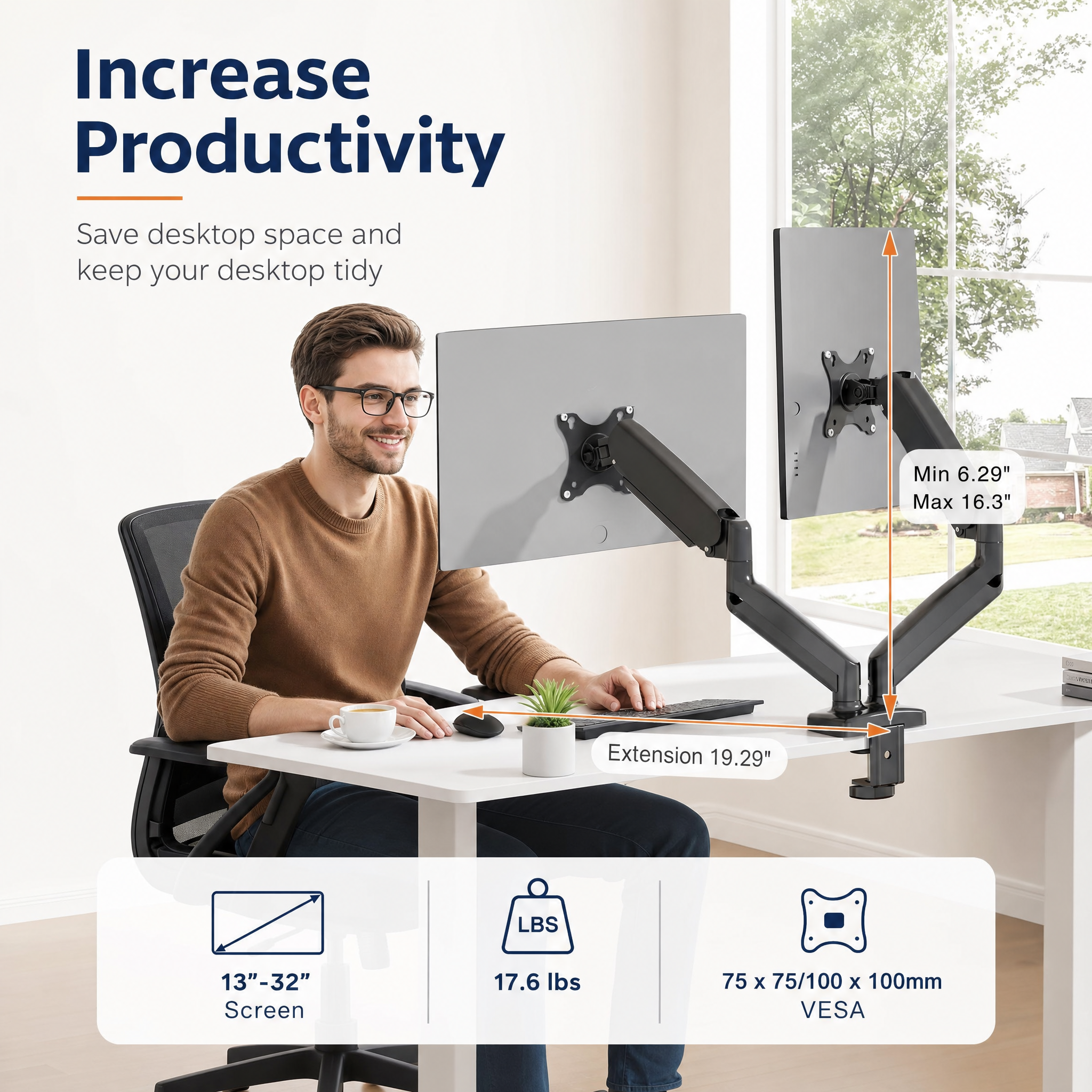 Adjustable Gas Spring Single Monitor Arm for 15–32 Inch Screens, Clamp & Grommet Mount