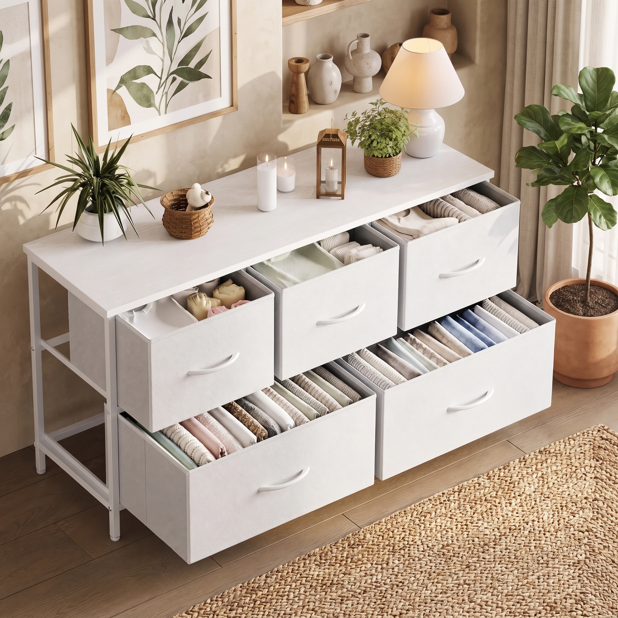 5 Drawer Fabric Dresser with Wood Top for Bedroom