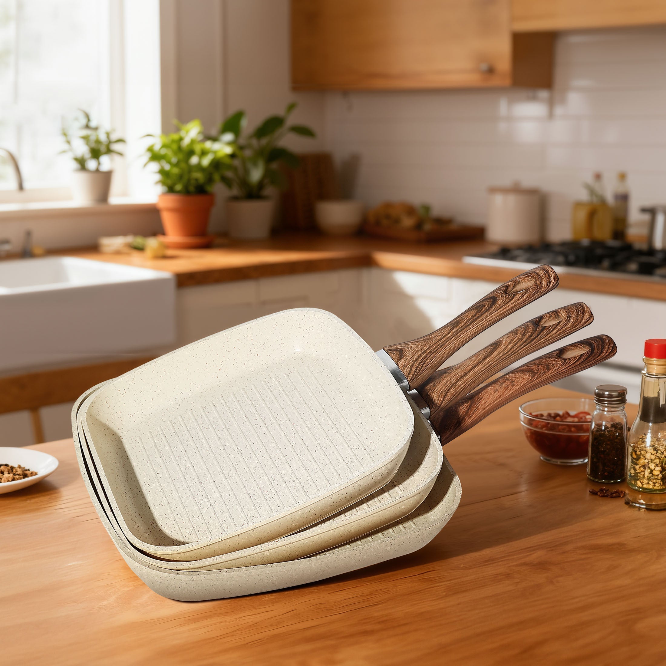 Square Nonstick Frying Pan Set Wooden Handle