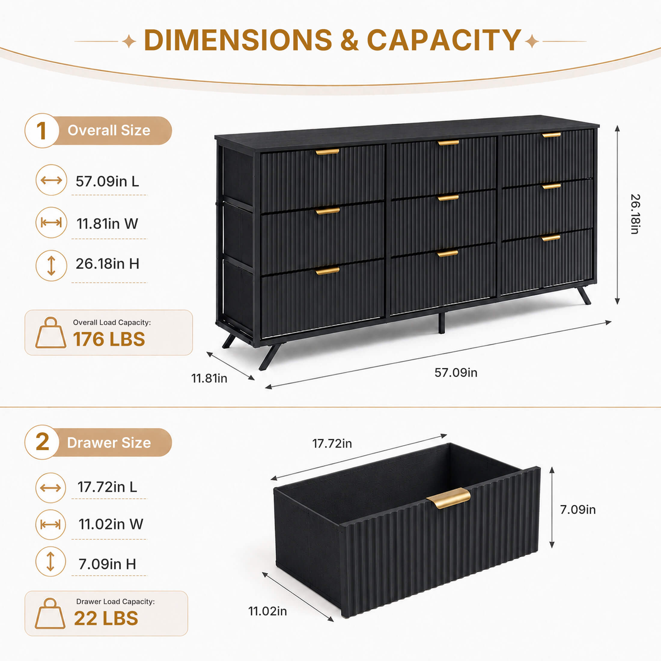 Warebay 9-Drawer Fluted Dresser for Bedroom, Wide Storage Chest of Drawers