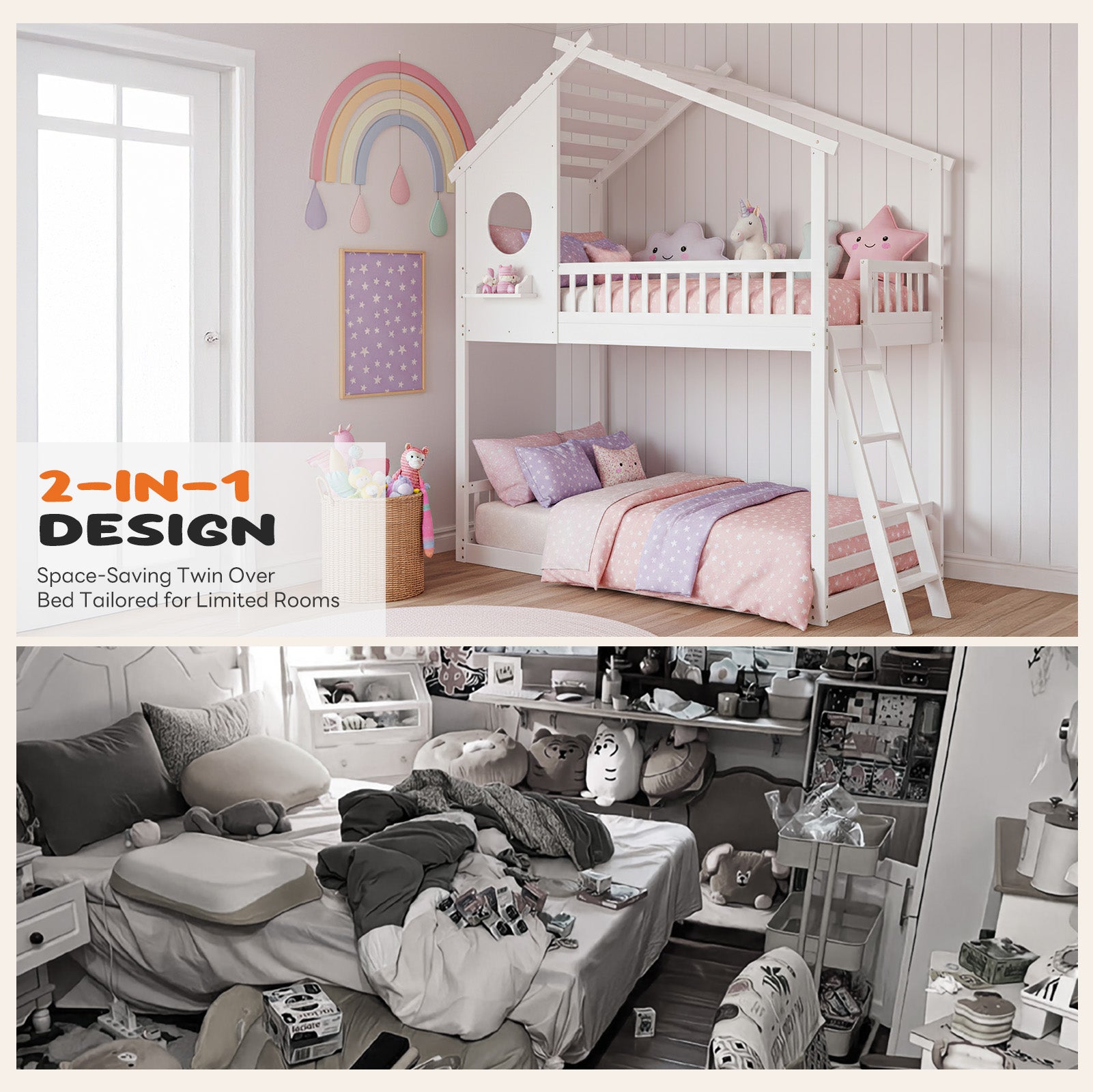 Low-Profile Twin House Bunk Bed with Side Ladder