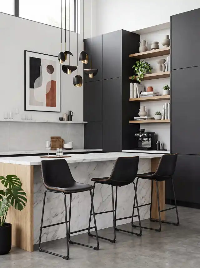 Modern kitchen with black bar stools, marble island, and open shelves.