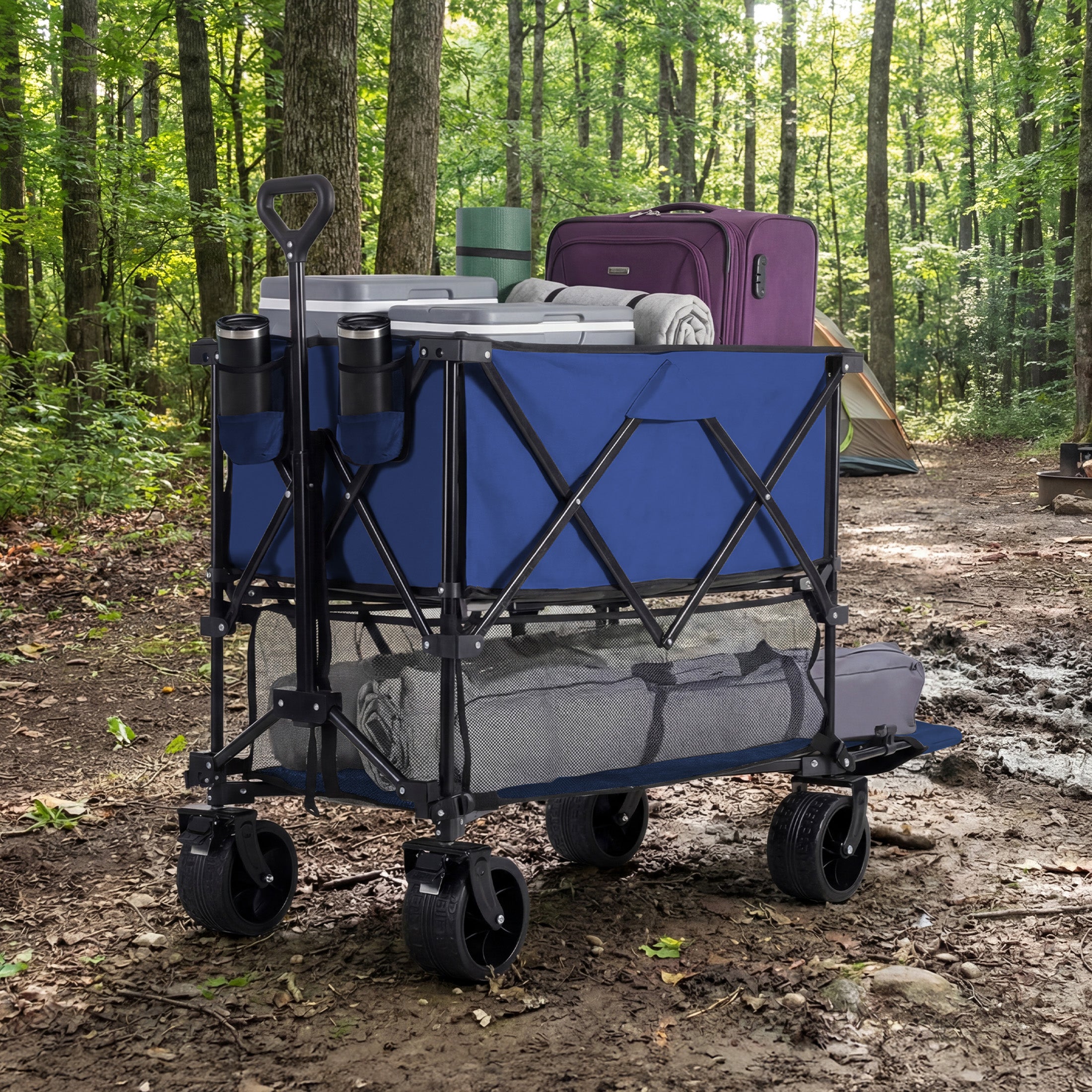WareBay Double Decker Collapsible Wagon Cart – 440 lbs Capacity, 400L Storage & All-Terrain Wheels, Black
