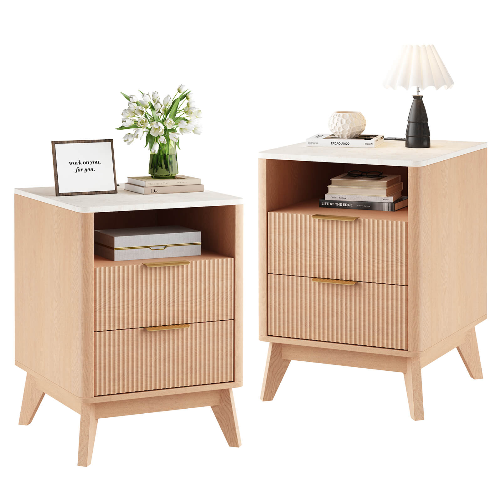 Fluted Nightstand with Charging Station, 2 AC Outlets & USB Ports, Mid-Century Bedside Table with 2 Drawers