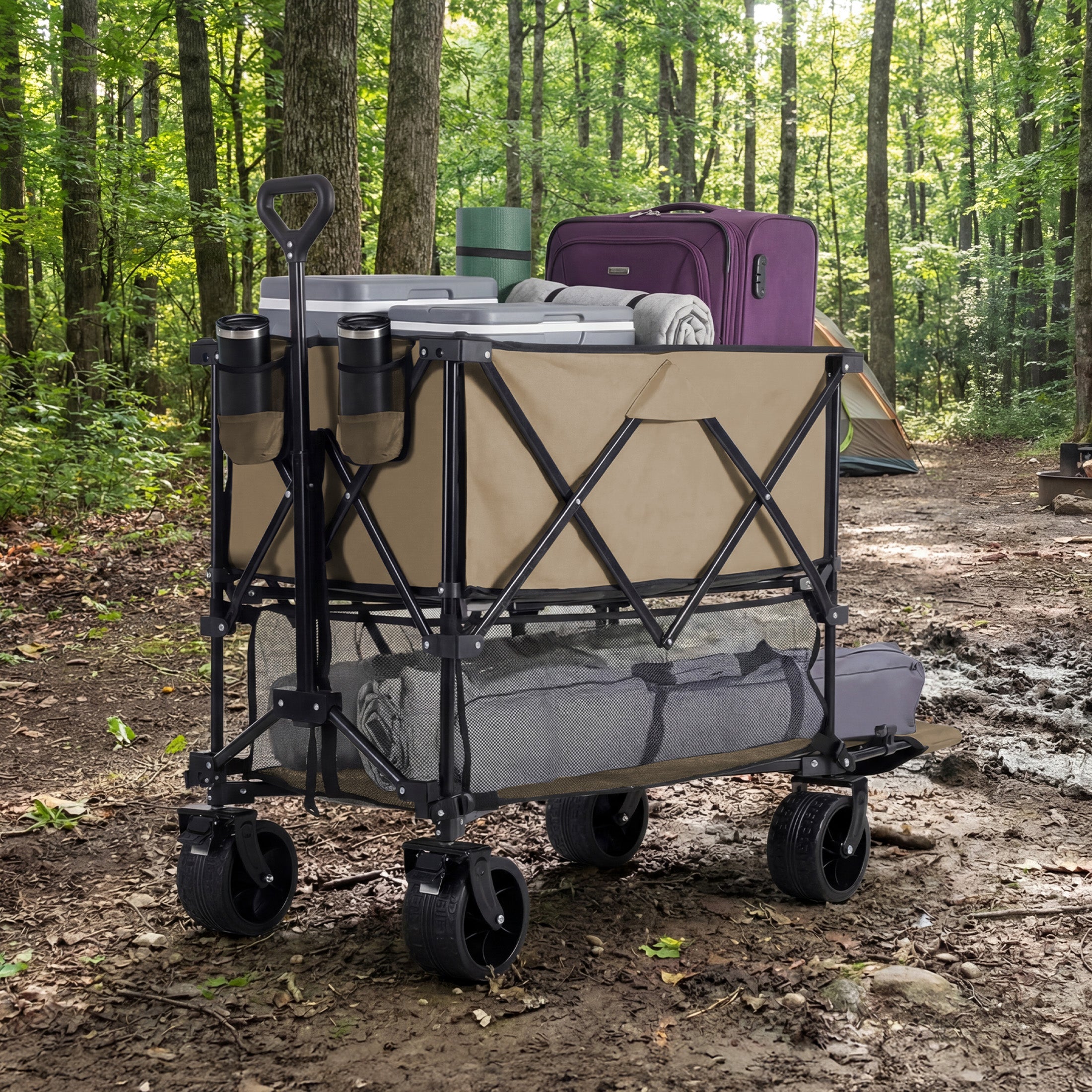WareBay Double Decker Collapsible Wagon Cart – 440 lbs Capacity, 400L Storage & All-Terrain Wheels, Black