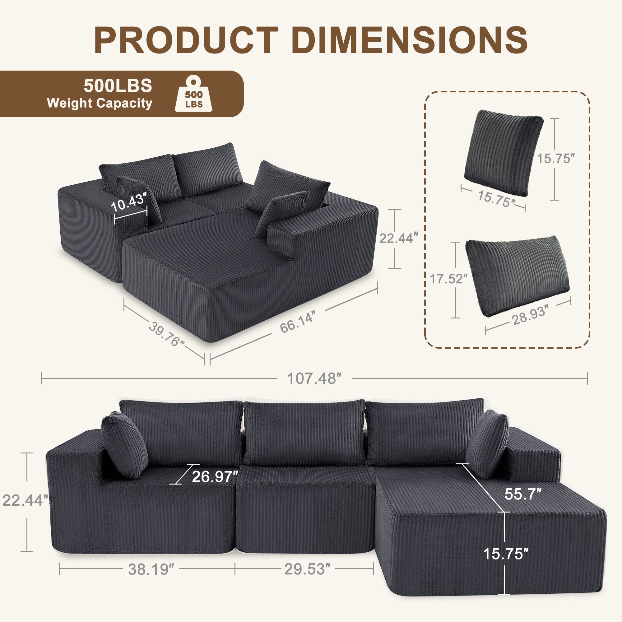 108" Modular Corduroy Sectional Sofa