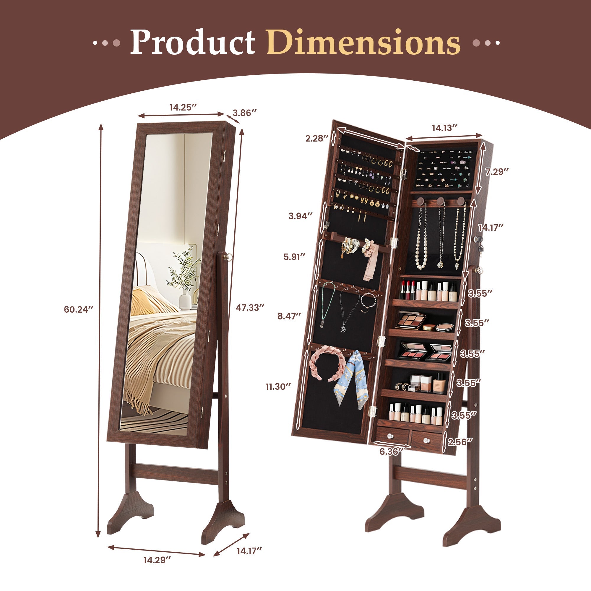 Freestanding Full Length Mirror Jewelry Cabinet