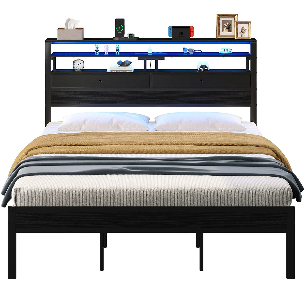 Platform Bed Frame with LED Lights, Charging Station & Storage Drawers – Twin, Full, Queen & King