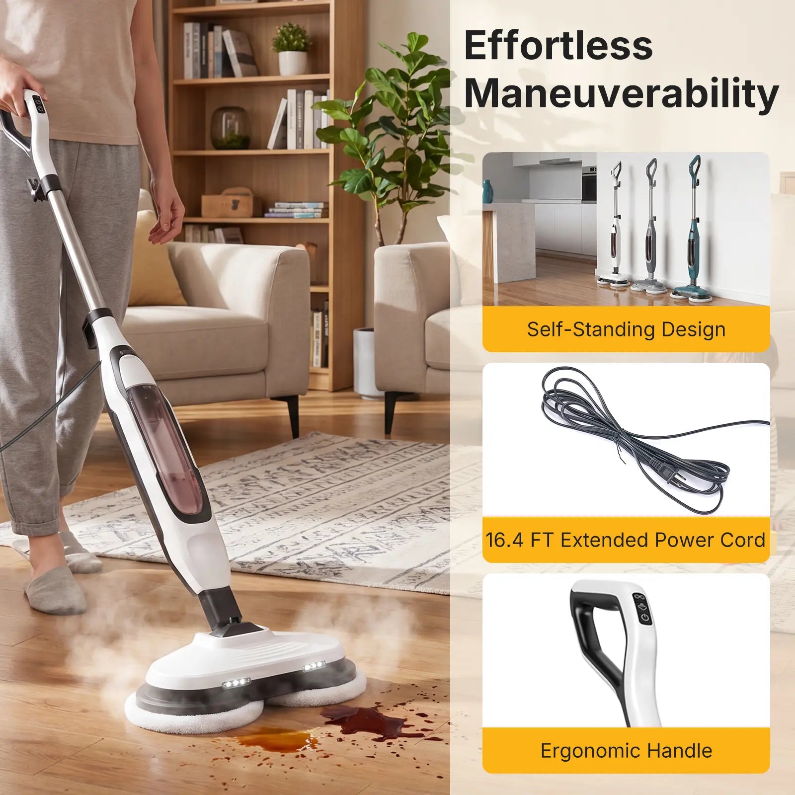 Hard Floor Steam Mop with Dual Rotating Heads – 3 Steam Modes, LED Headlights & Washable Pads
