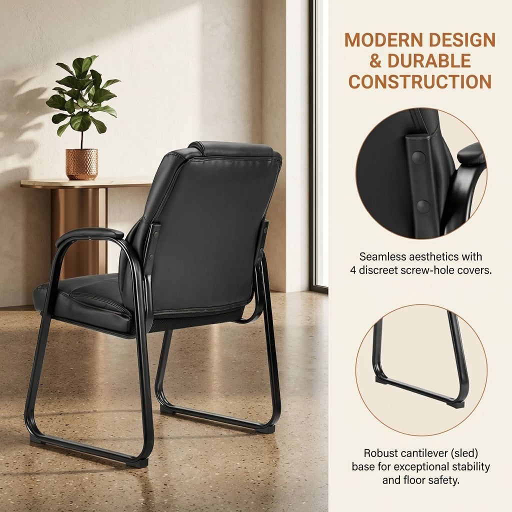 Leather Reception Chair with Padded Arms | PU Office Guest Chair, 250 lbs Capacity