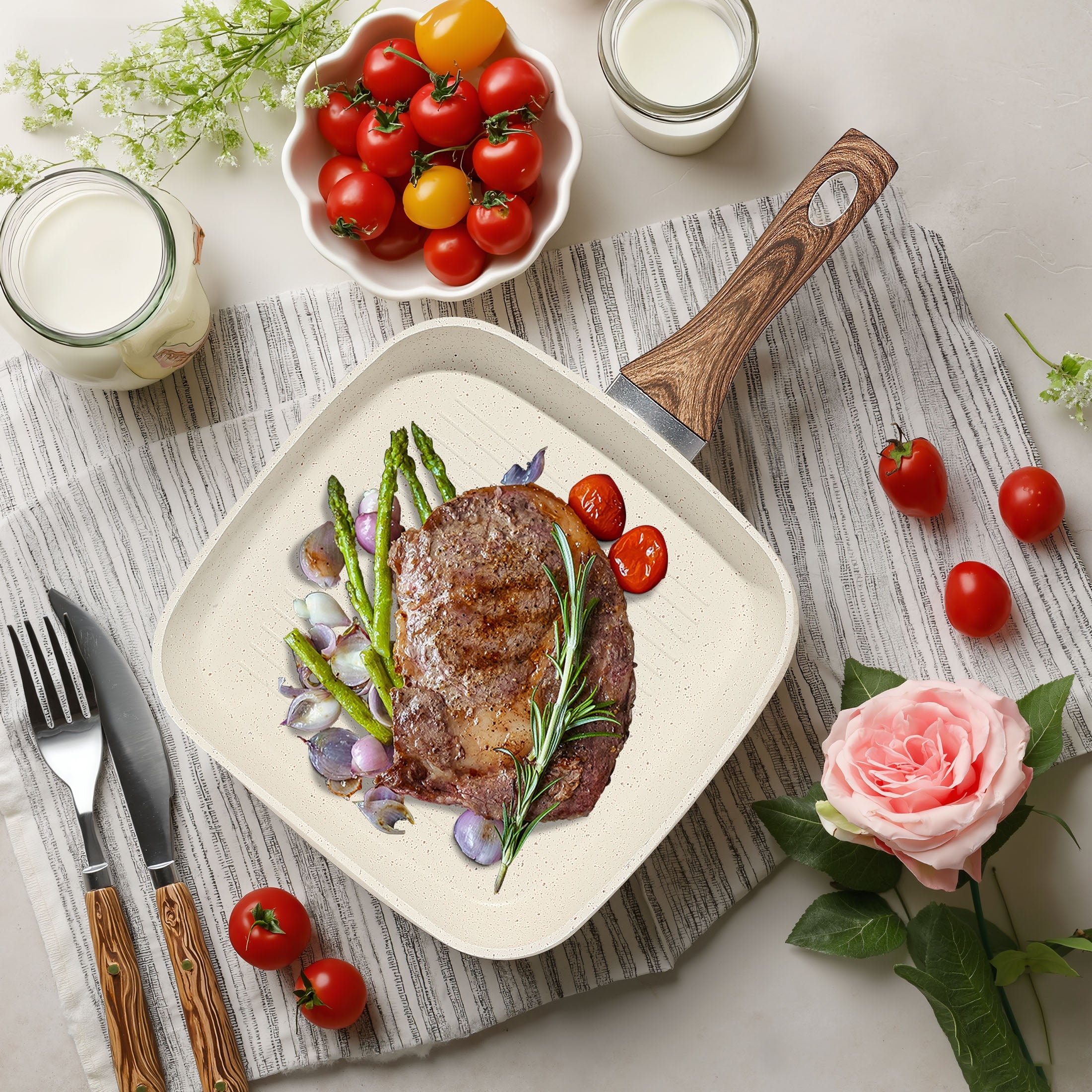 Square Nonstick Frying Pan Set Wooden Handle