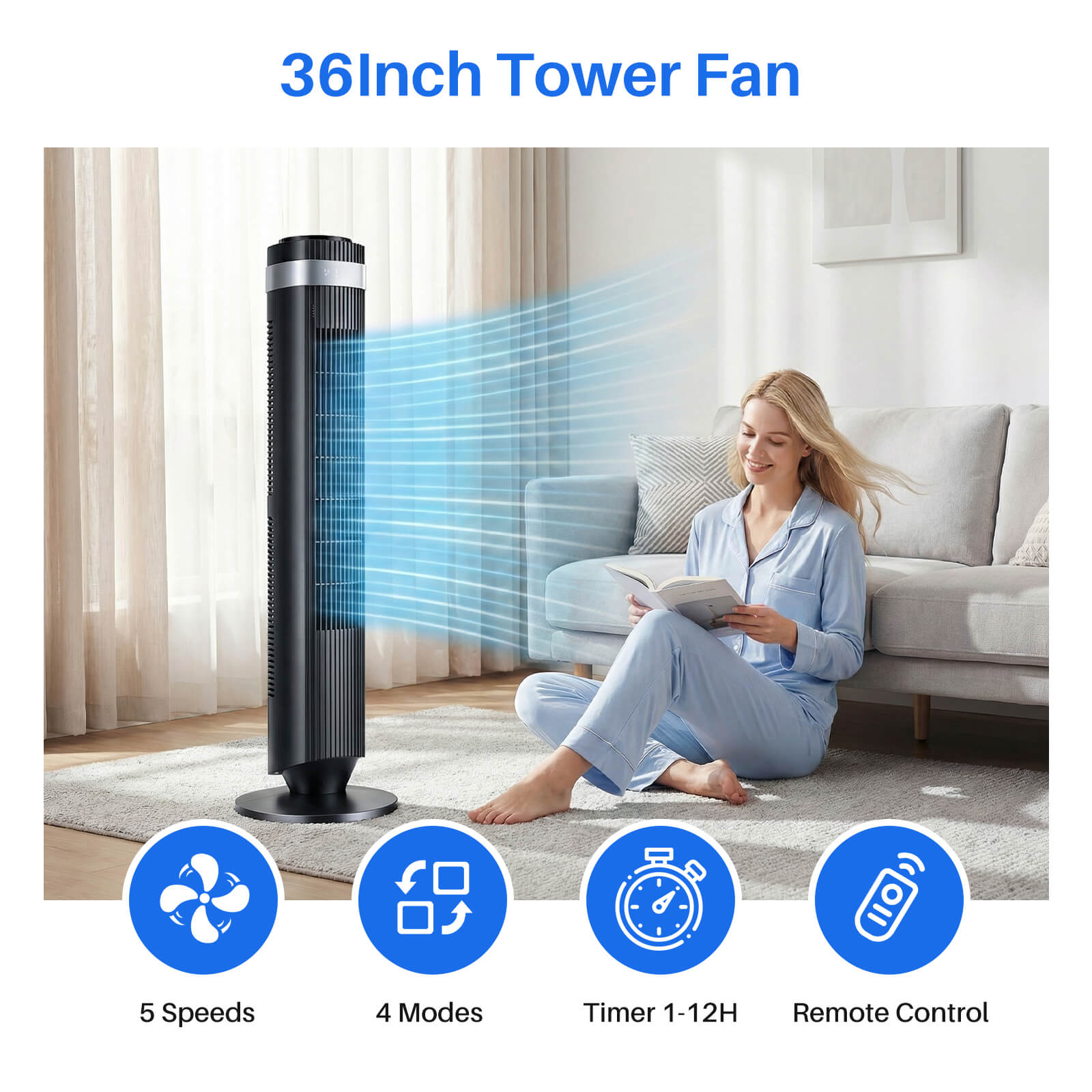 Tower Fan with Remote Control & 5 Speeds for Bedroom