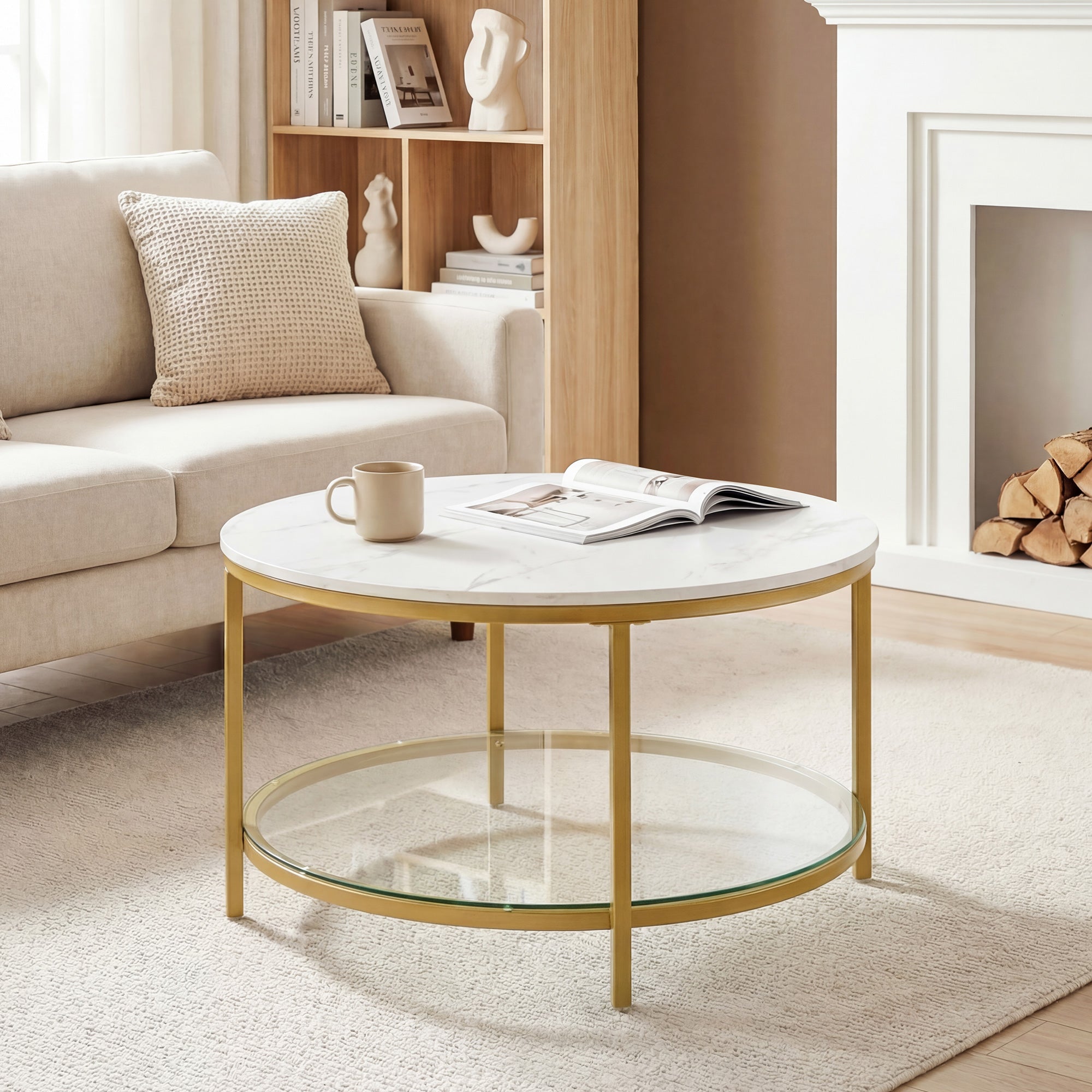 Round Faux Marble Top Glass Shelf Coffee Table