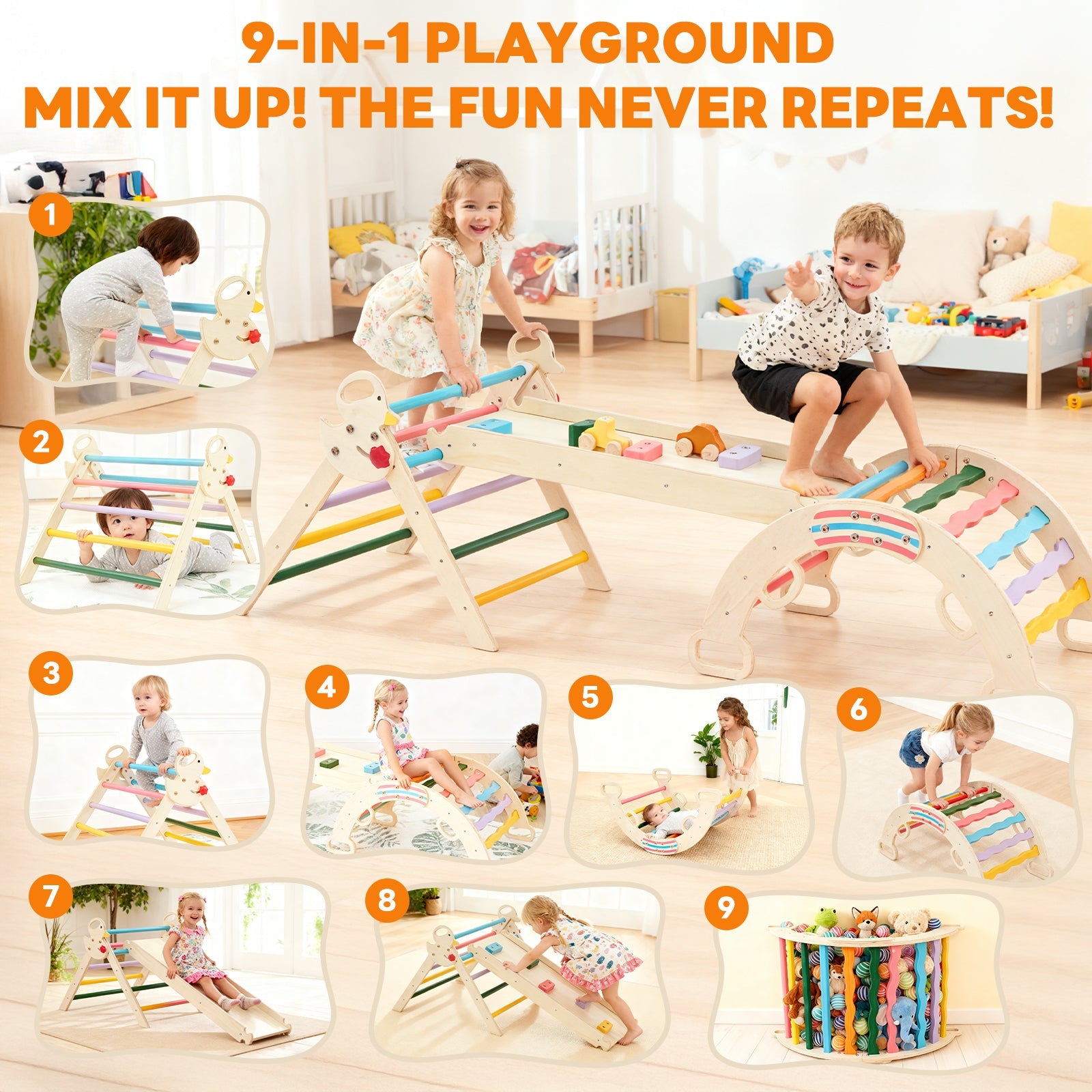 9-in-1 Foldable Wooden Montessori Climbing Playset