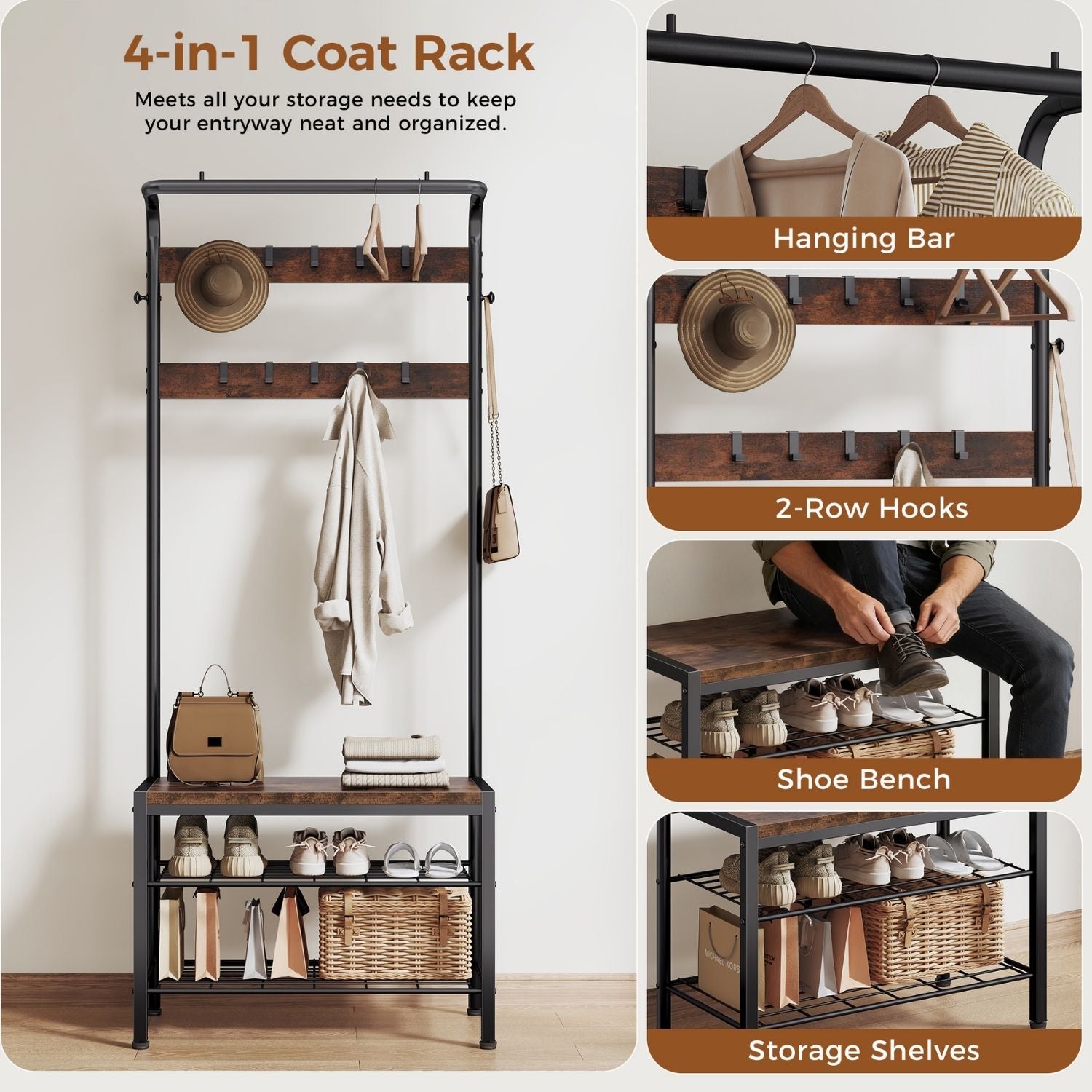 WareBay Entryway Hall Tree | Coat Rack, Shoe Bench & Storage Shelves with Hooks