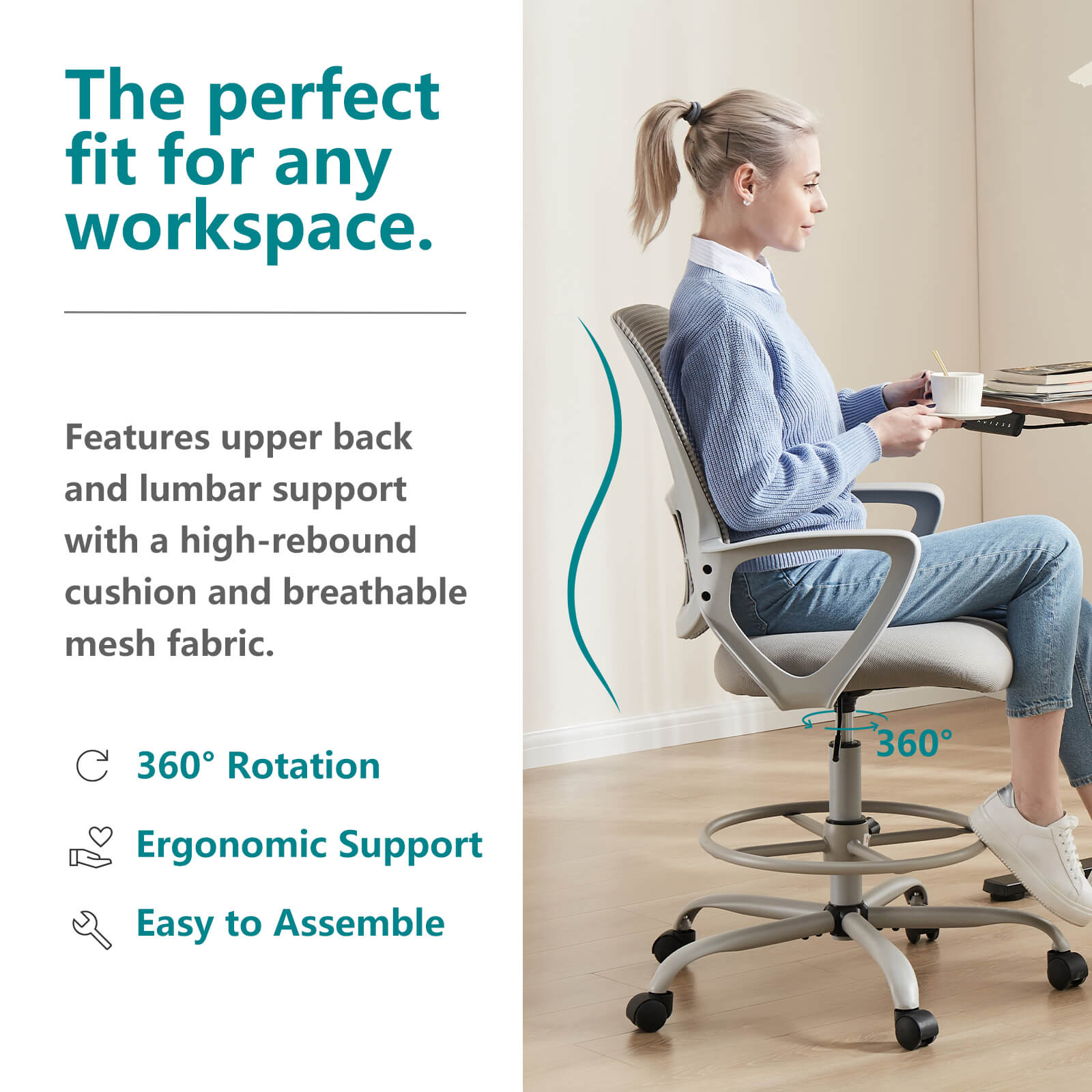 Ergonomic Tall Drafting Chair Height Adjustable