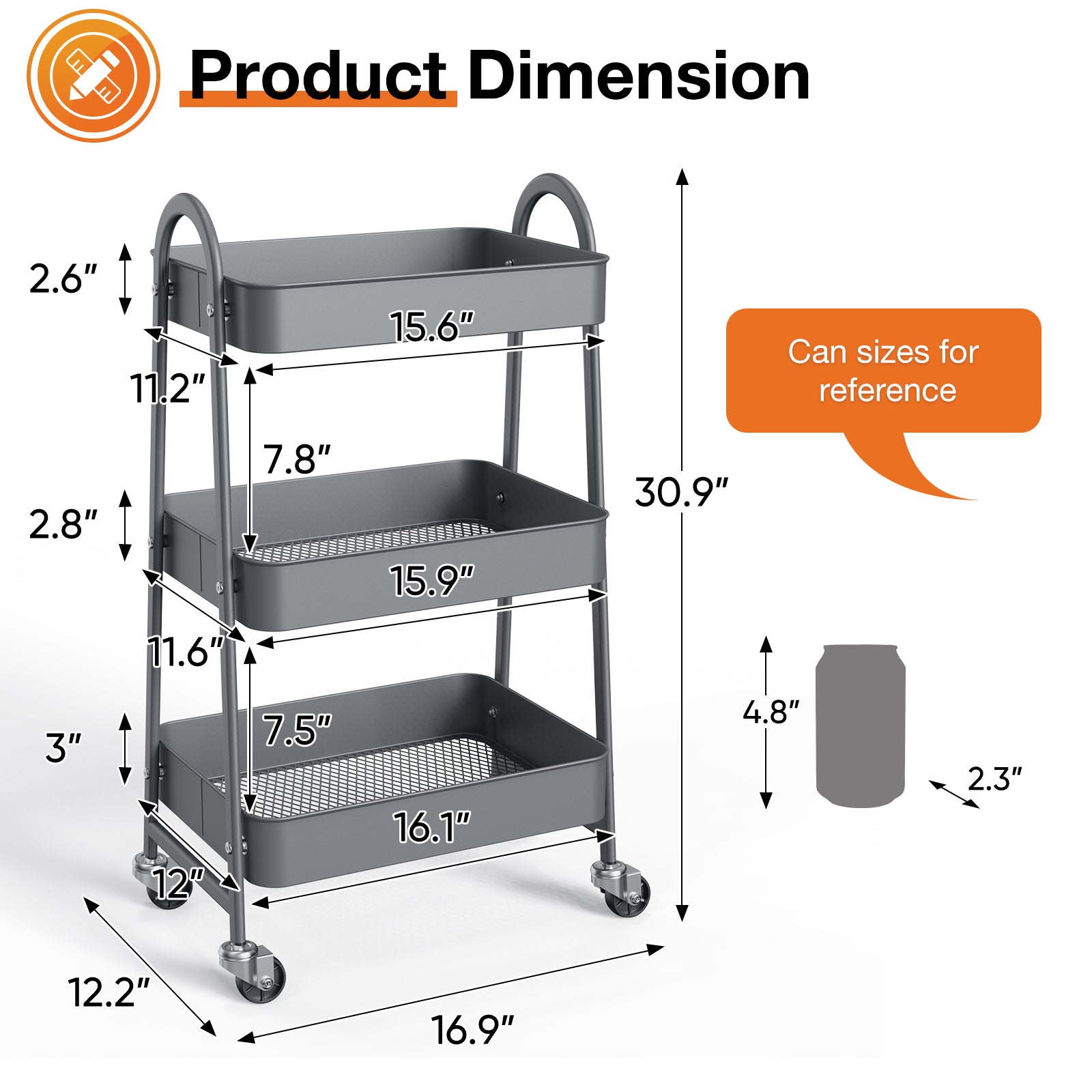 WareBay 3-Tier Rolling Cart | Metal Storage Organizer with Locking Wheels for Kitchen & Bathroom
