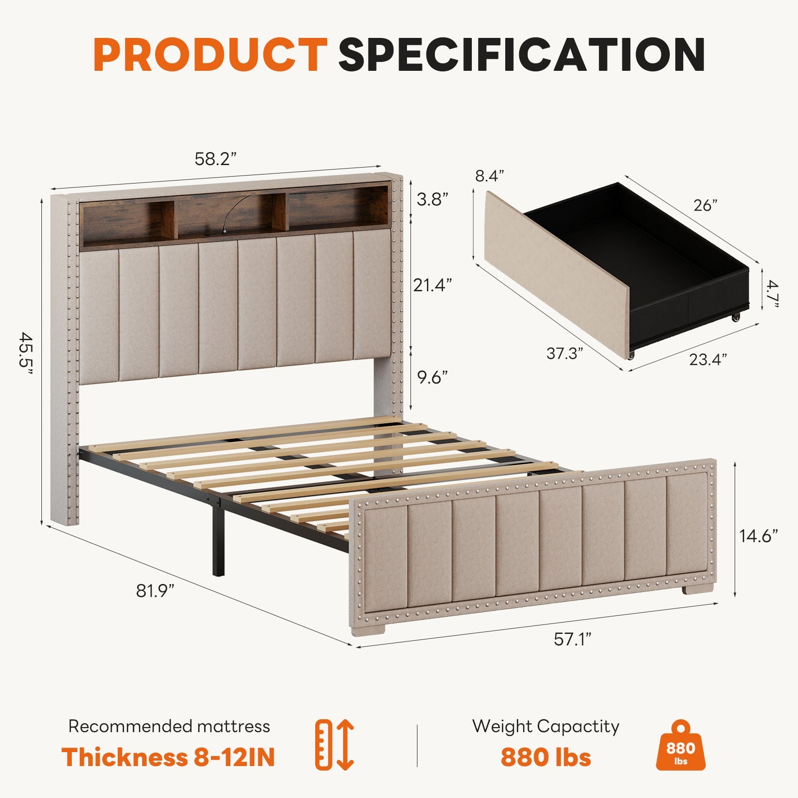 Upholstered Storage Bed Frame with Power Outlets
