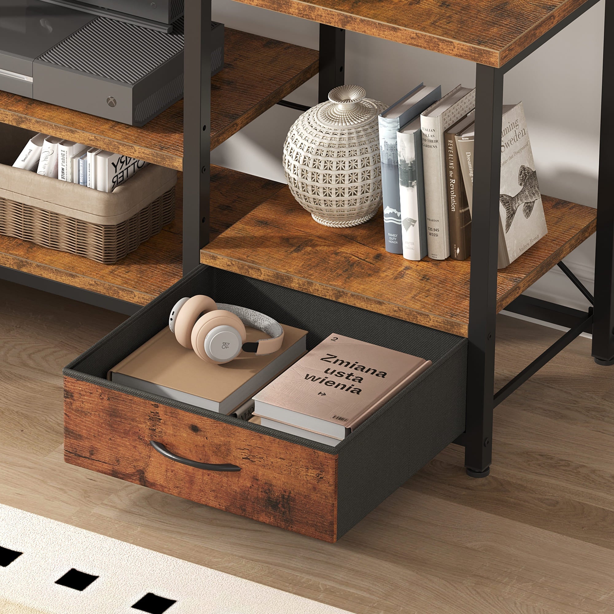 Brown Wood TV Stand with Fabric Drawers