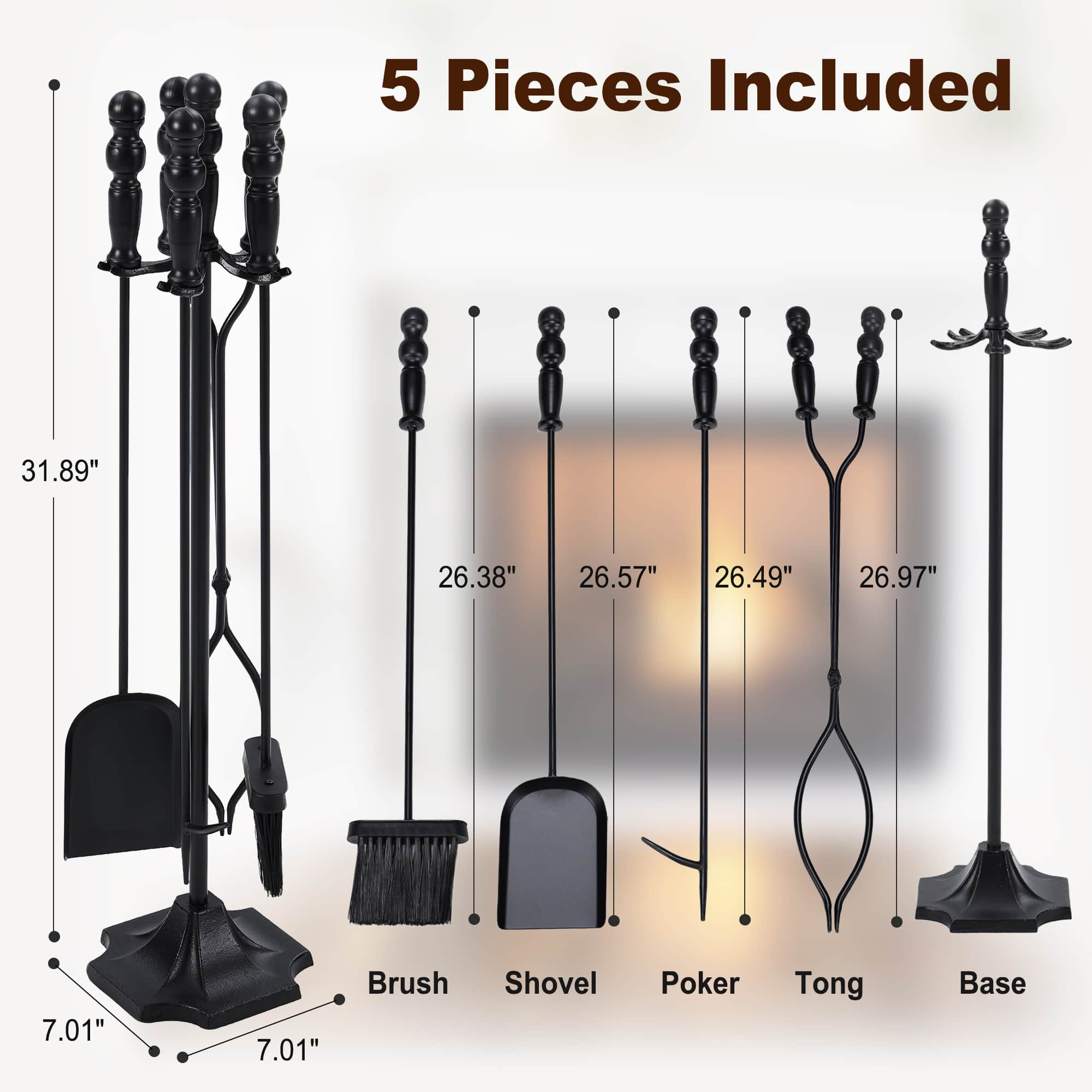 5-Piece Forged Iron Fireplace Tool Set