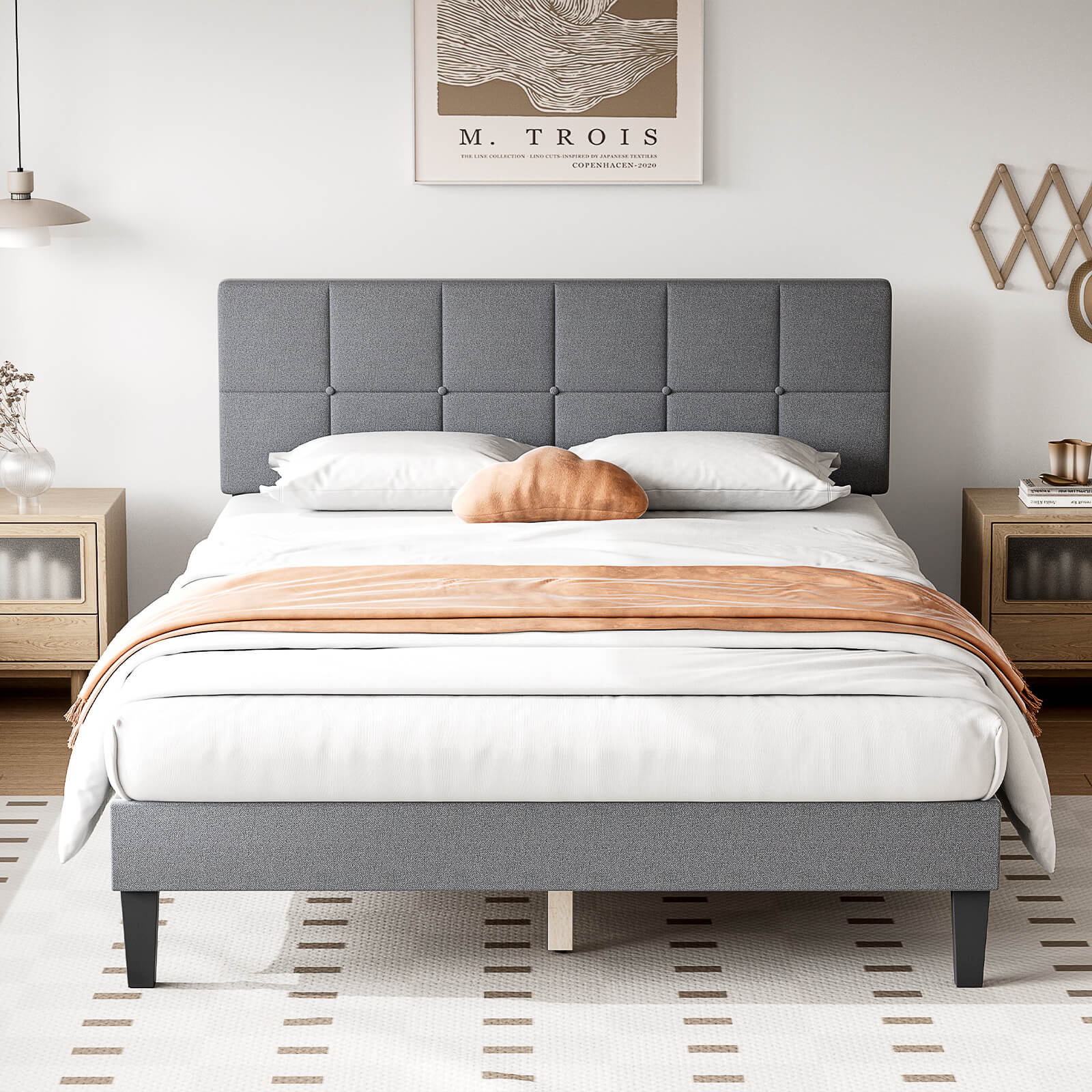 Upholstered Linen Bed Frame with Headboard
