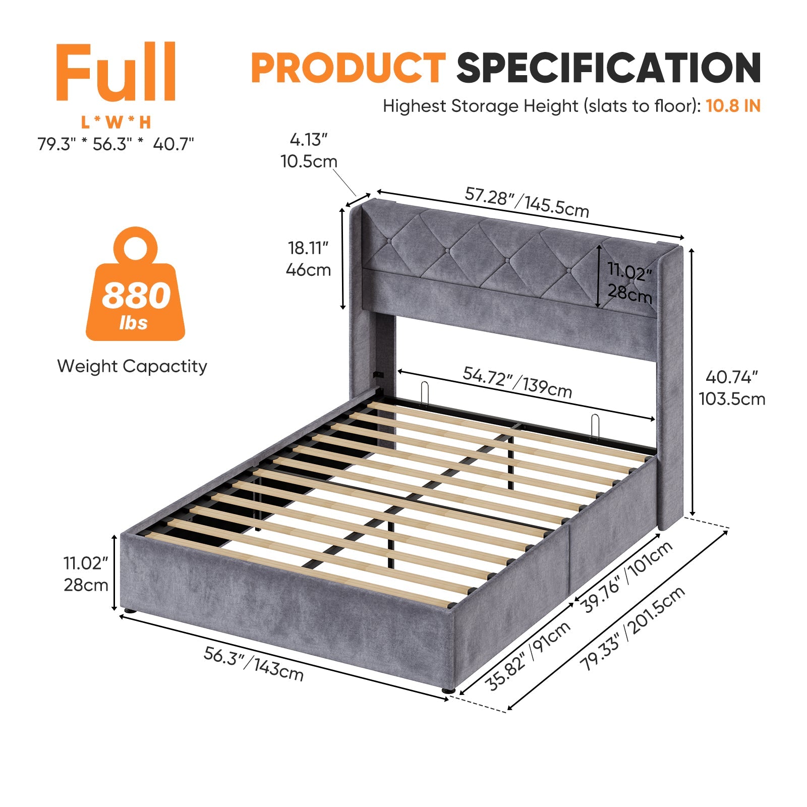 Velvet Gas-Lift Storage Bed Frame