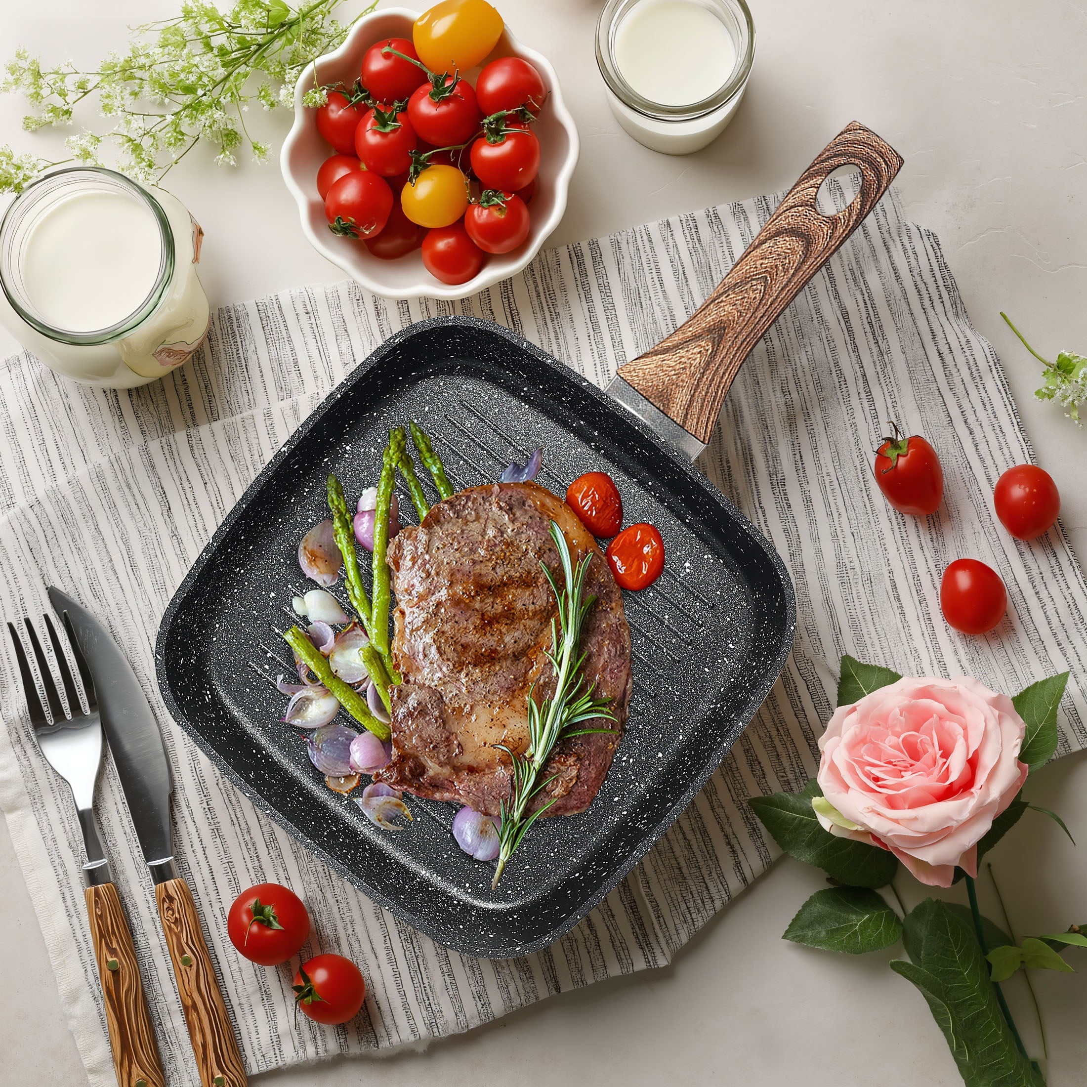 Square Nonstick Frying Pan Set Wooden Handle